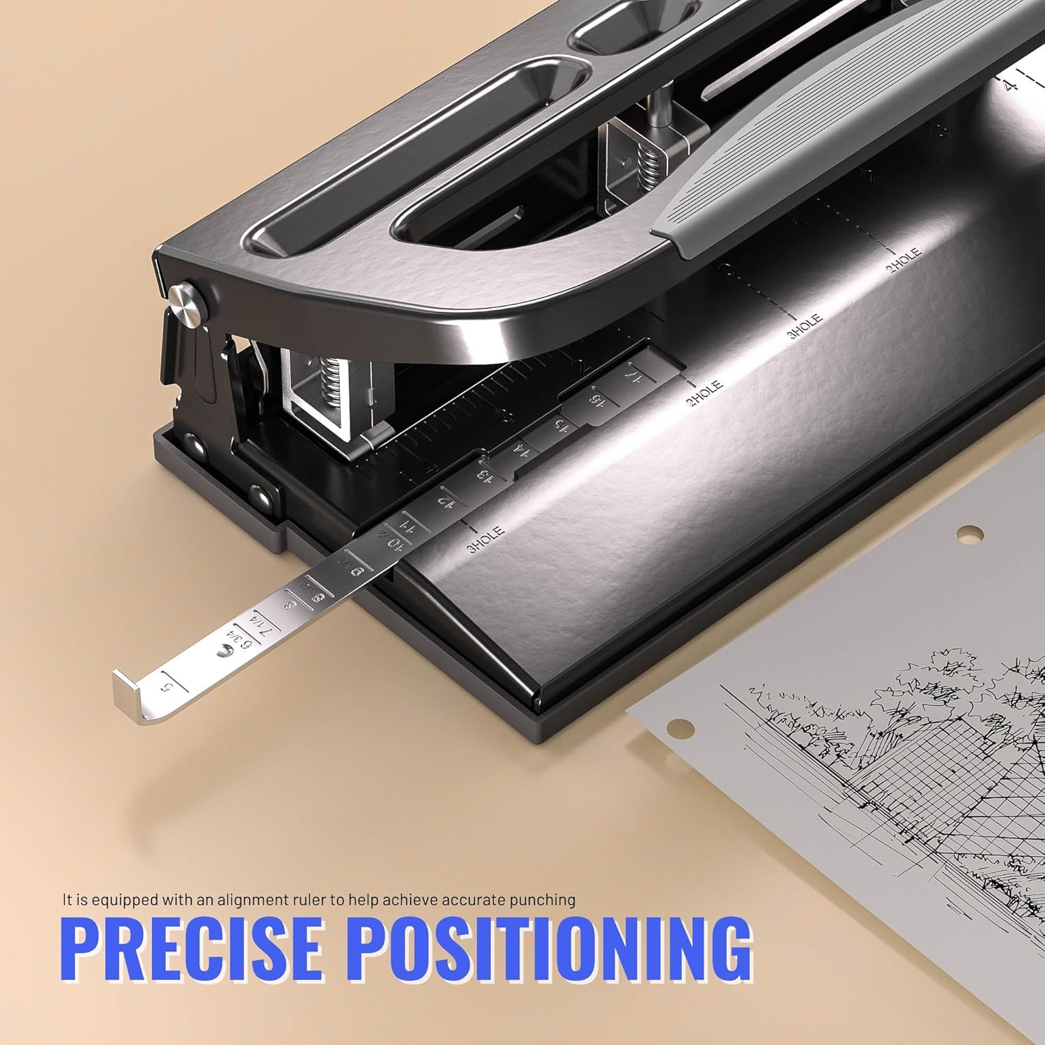 3 Hole Punch, Adjustable 2-3 Hole Puncher for Binder, Desk Heavy Duty 3 Ring Hole Punch, 40 Sheets Capacity for Office School Paper File Folder, Alignment Ruler