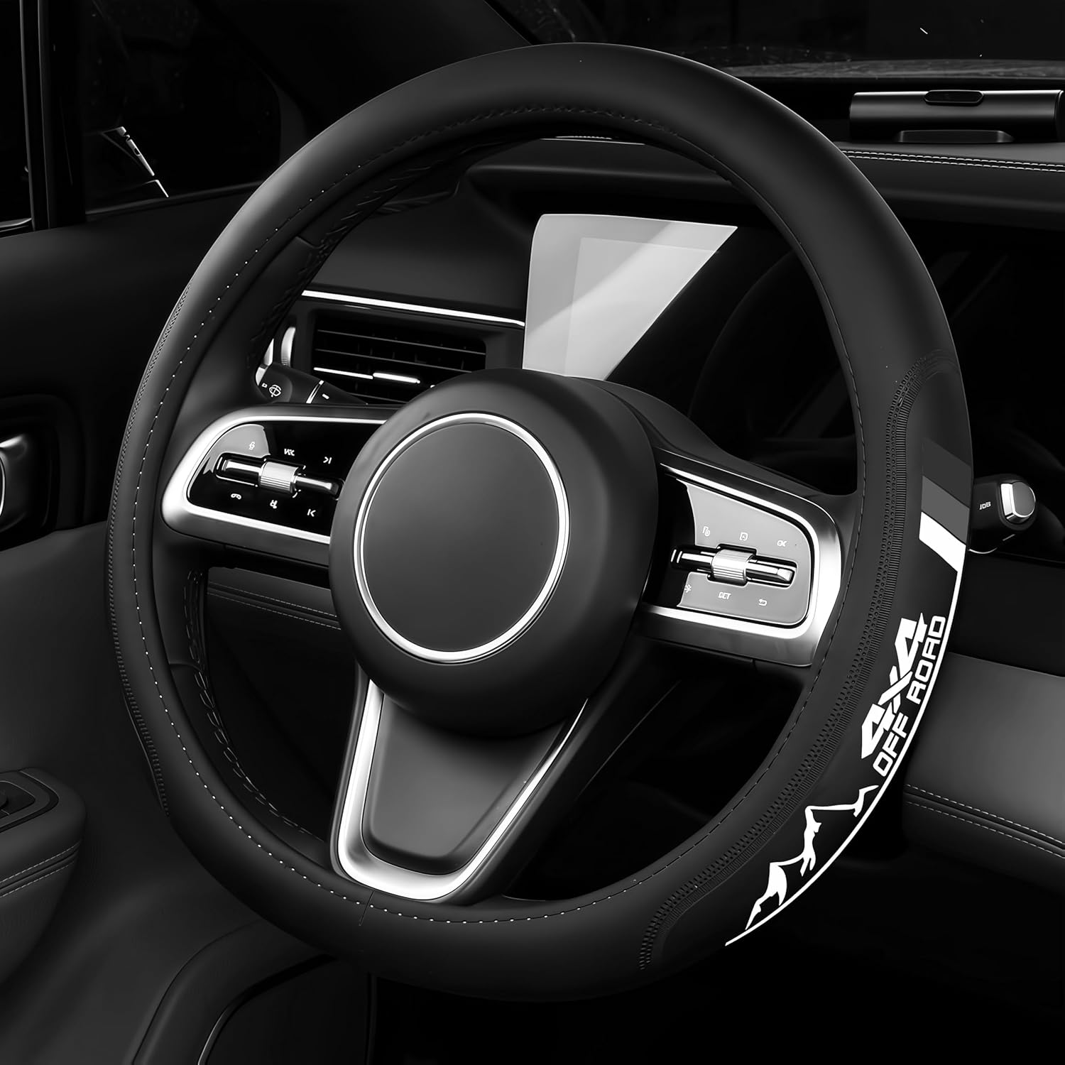Non-Slip Leather Tri-Color Mountain Steering Wheel Cover Compatible with Toyota Tacoma TRD 4Runner Tundra Highlander Accessories Fit for 14.5-15inch Steering Wheel (Blue 4X4)
