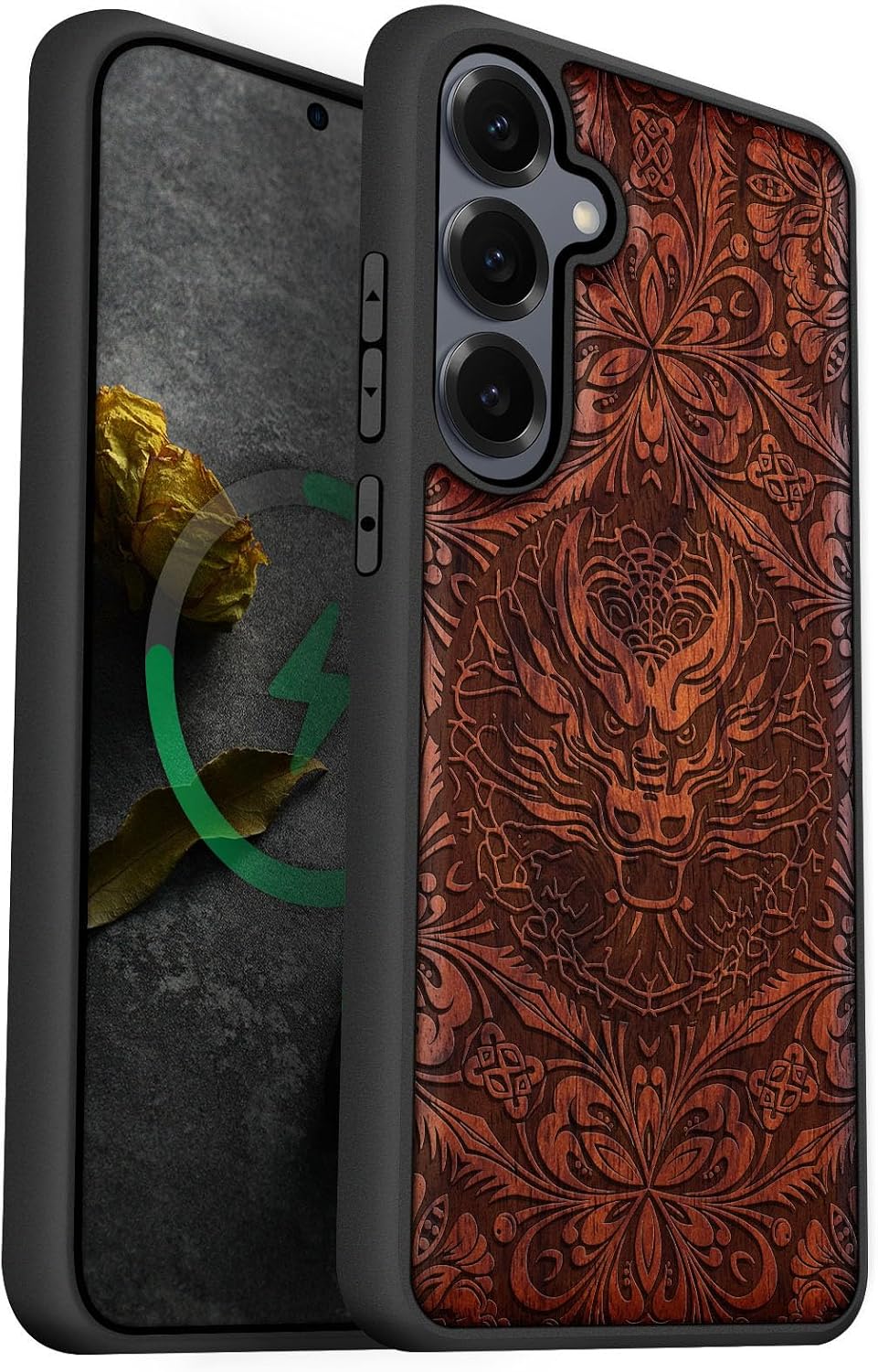 Carveit Magnetic Wooden Case for Galaxy S25+ Samsung S25 Plus Case, TPU Shockproof Cover & Wood Engraved, Compatible with MagSafe Wireless Chargers (The Dragon's Gaze Mandala) Rosy