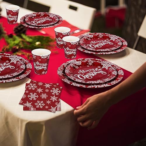 Miniatura 7 de AnyDesign - Platos y servilletas de papel de Navidad, 50 platos y 25 servilletas de almuerzo con 25 tazas, juego de vajilla desechable de copo de