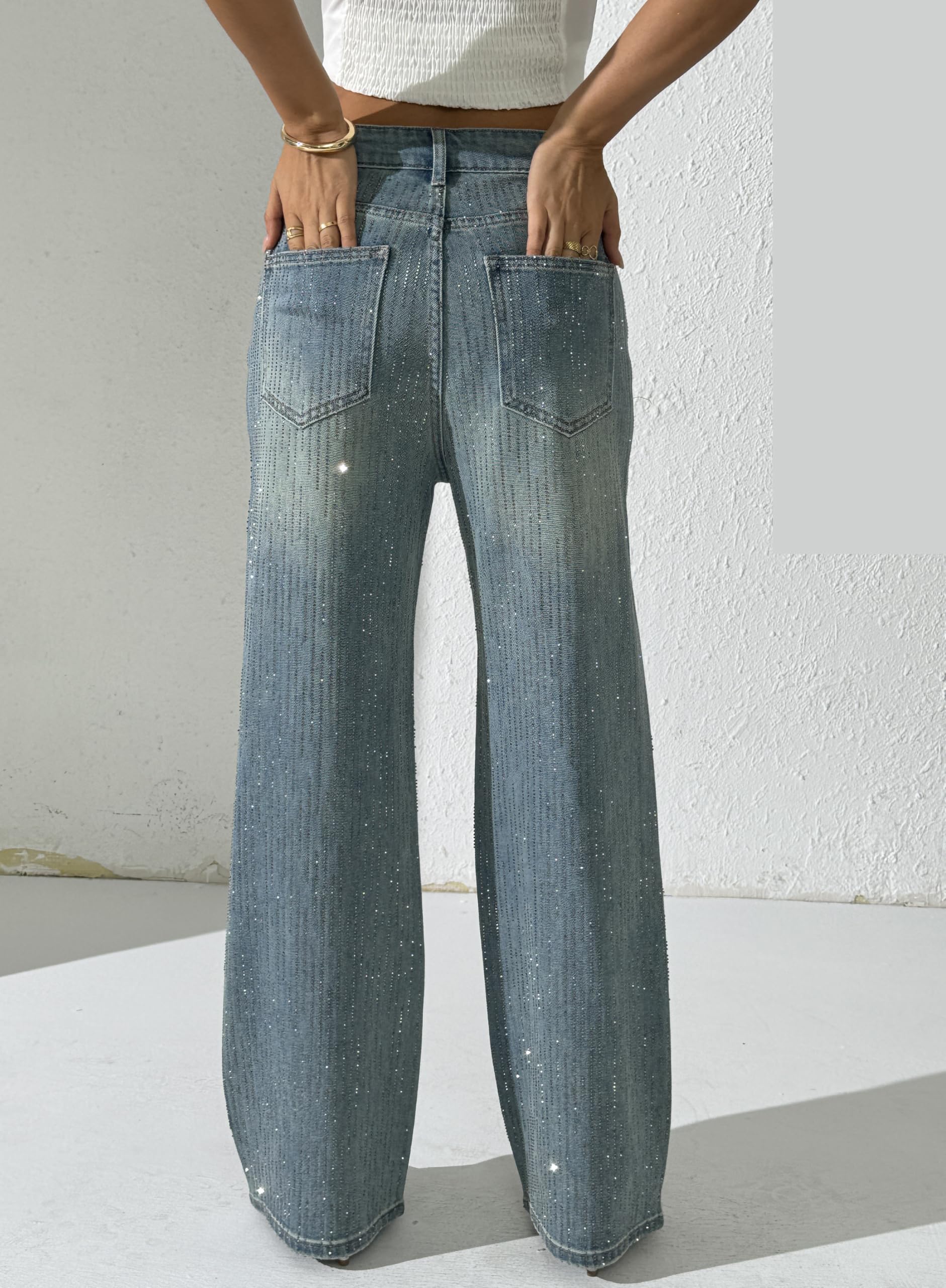 Fakanhui Damen-Jeans mit Strass, Perlen, weites Bein, Denim-Hose, glitzernd, glänzende Pailletten, Party, Club, Ausgehen, Outfits