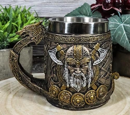 Miniatura 3 de Ebros Gift Mitología nórdica Viking God Thor Odinson Mjolnir Martillo con barco de dragón Longship Taza de café de resina de 13 oz taza de bebida