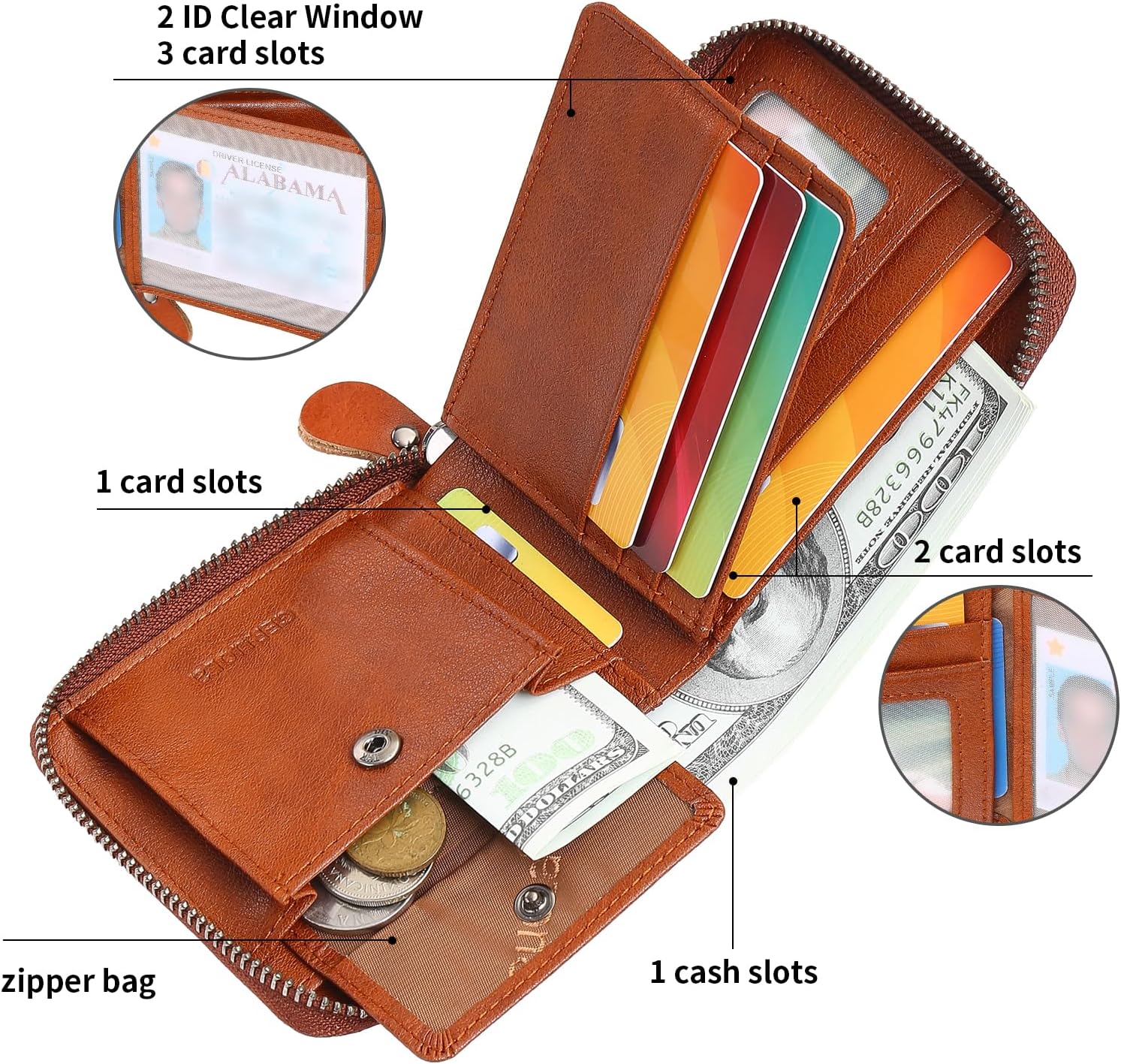 Men's Shielded Wallet Zipper Leather Wallet Men's Bifold RFID Card Case Wallets for Men (Brown) - Image 2