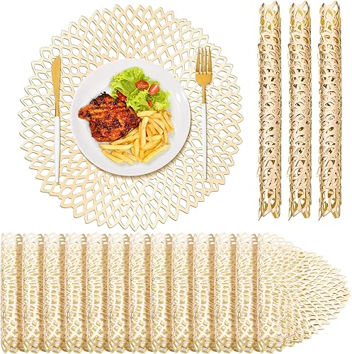 Sieral 24 manteles individuales de vinilo redondos a granel de 15 pulgadas con diseño de hojas huecas metálicas, platos de carga prensados para