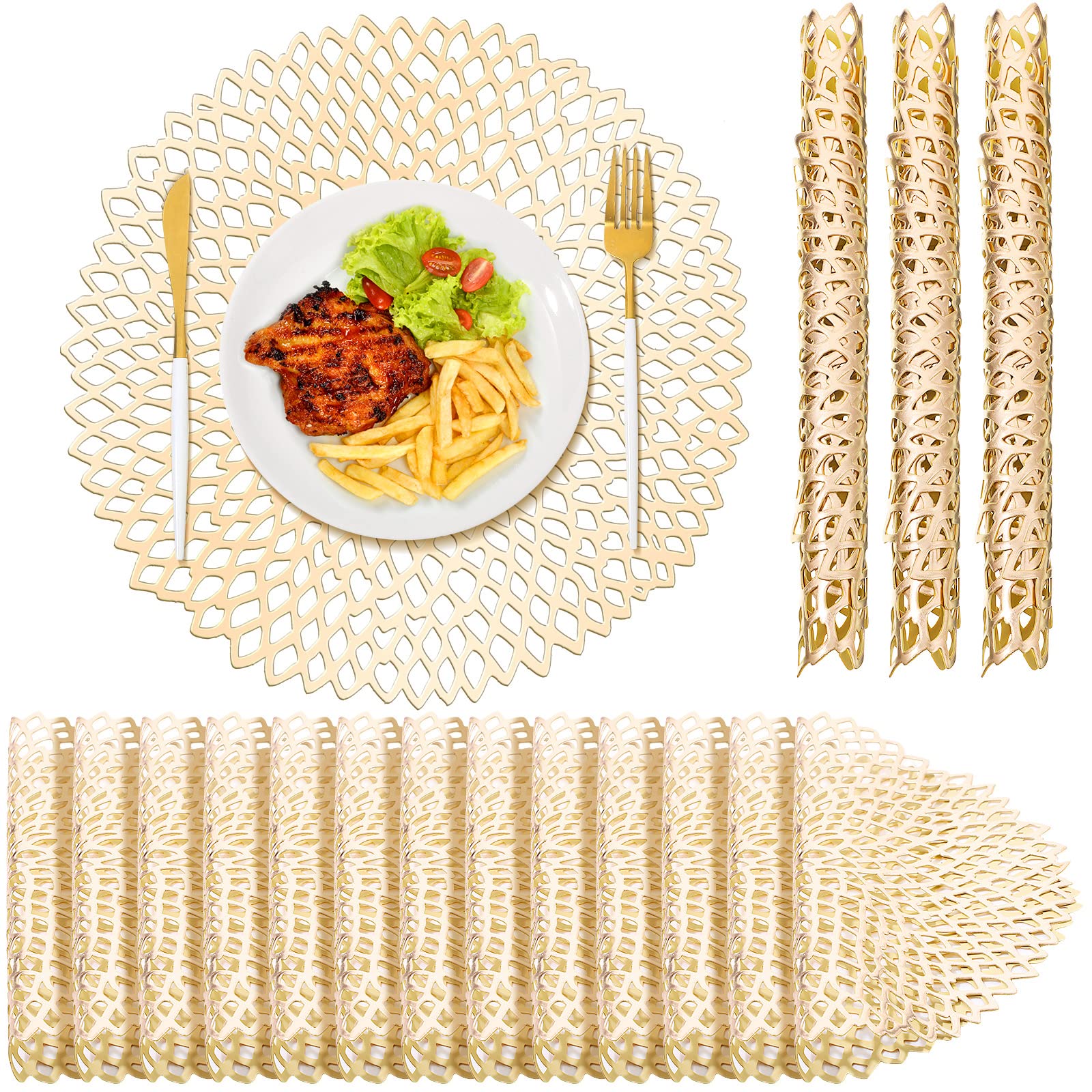 Sieral Set of 24 PVC Placemats Hollow Out Leaf Flower Table Mats ative Wedding Accent Centerpiece Placemat for Reception Home Kitchen Dining (Gold)