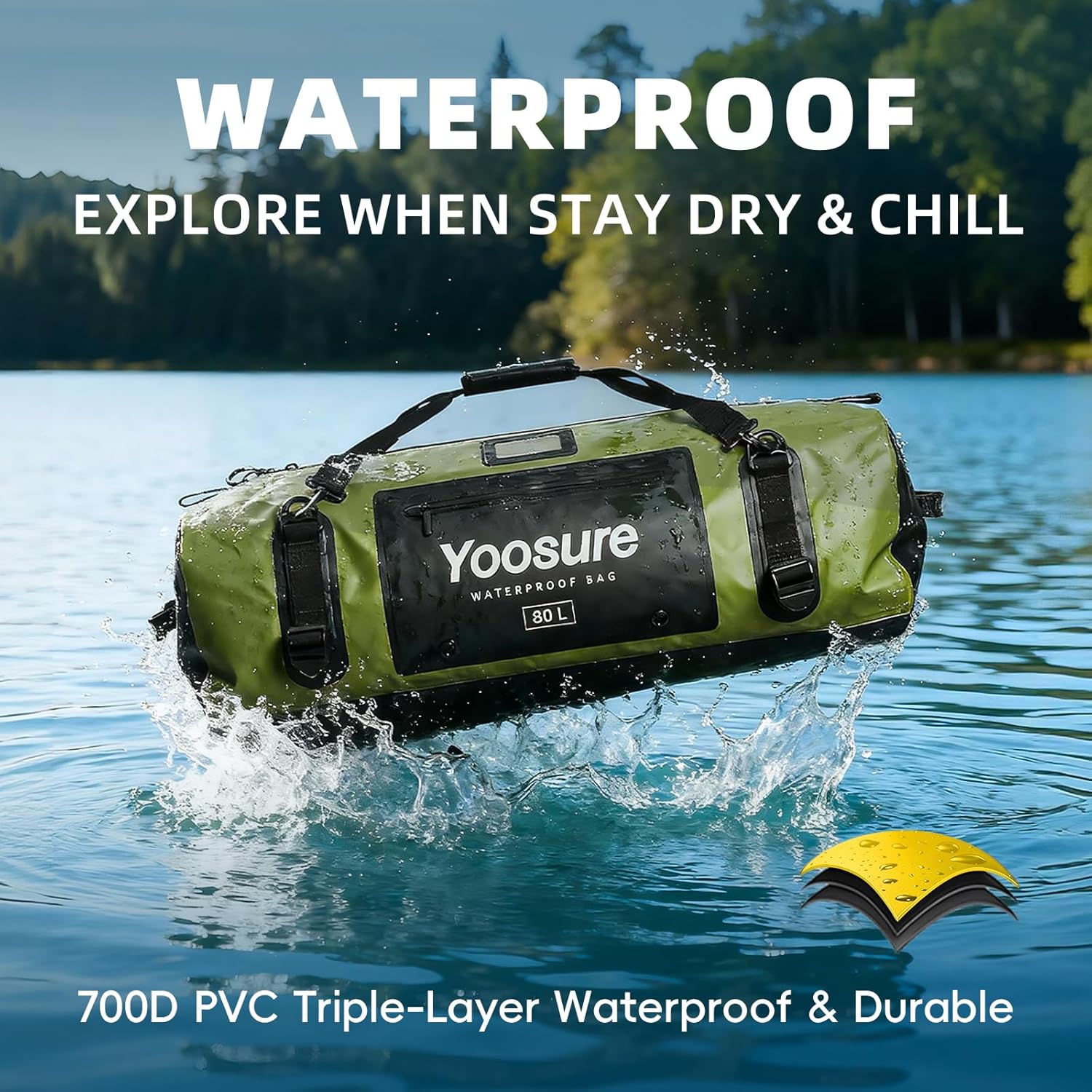 80L Waterproof Duffel Bag Motorcycle Dry Bag Backpack, Waterproof Zippered Bags with Backpack Spacer Pad for Kayaking Rafting Boating Canoeing Camping Paddle Beach (Yellow) - Image 2