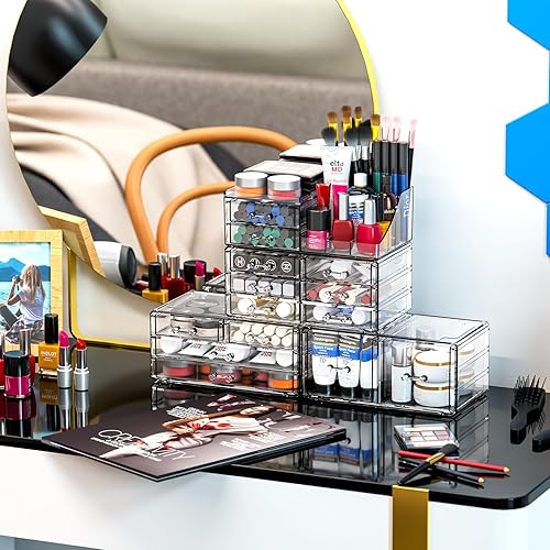 Miniatura 7 de Cq acrylic Organizadores de maquillaje para tocador con 14 cajones, paquete de 4 organizadores de cajones transparentes, bonitos accesorios de