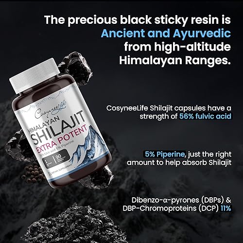 Miniatura 3 de SHILAJIT - Himalaya puro, natural, orgánico, 90 unidades, 5% piperina, 56% ácido FULVIC para máxima potencia, más de 85 oligominerales, metabolismo,