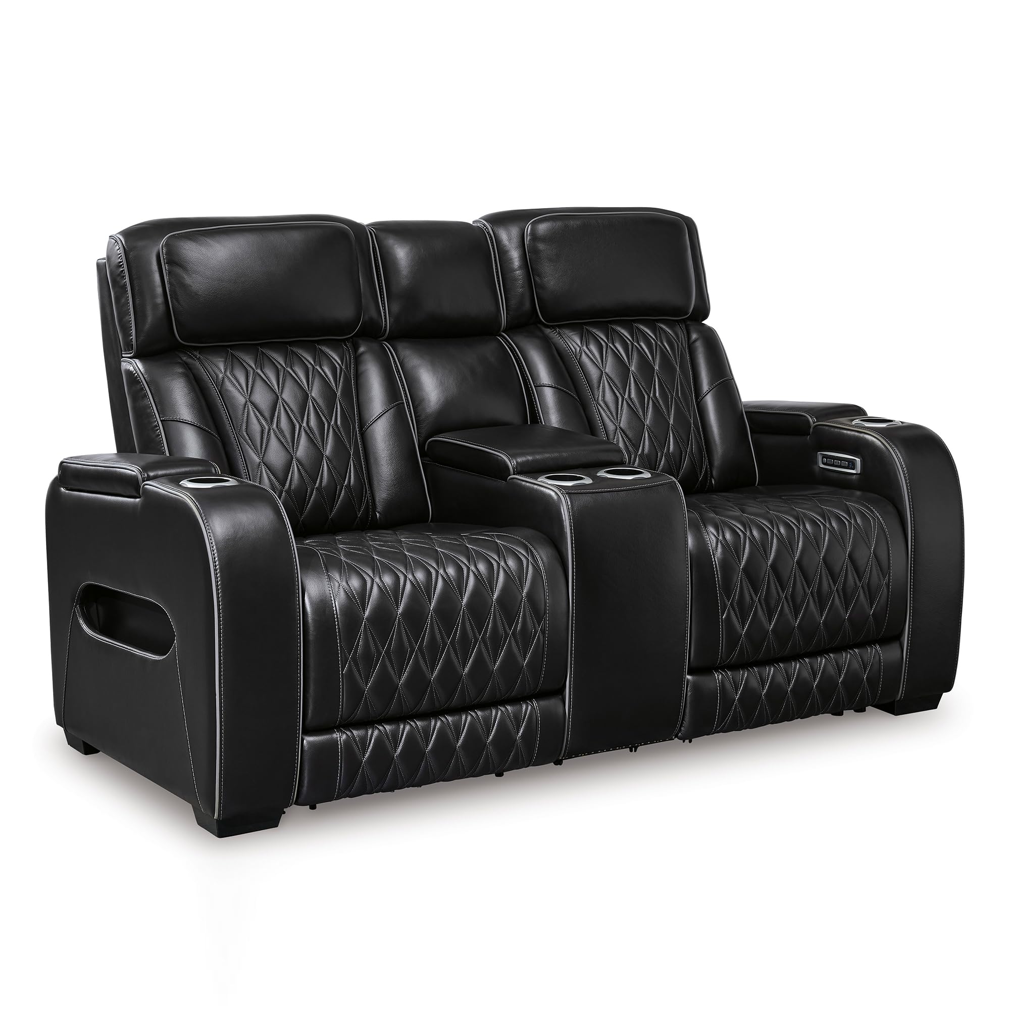 Signature Design by Ashley Boyington Modern Leather Match Power Reclining Loveseat with Console, Adjustable Headrest, Massage, Heated Seat and LED