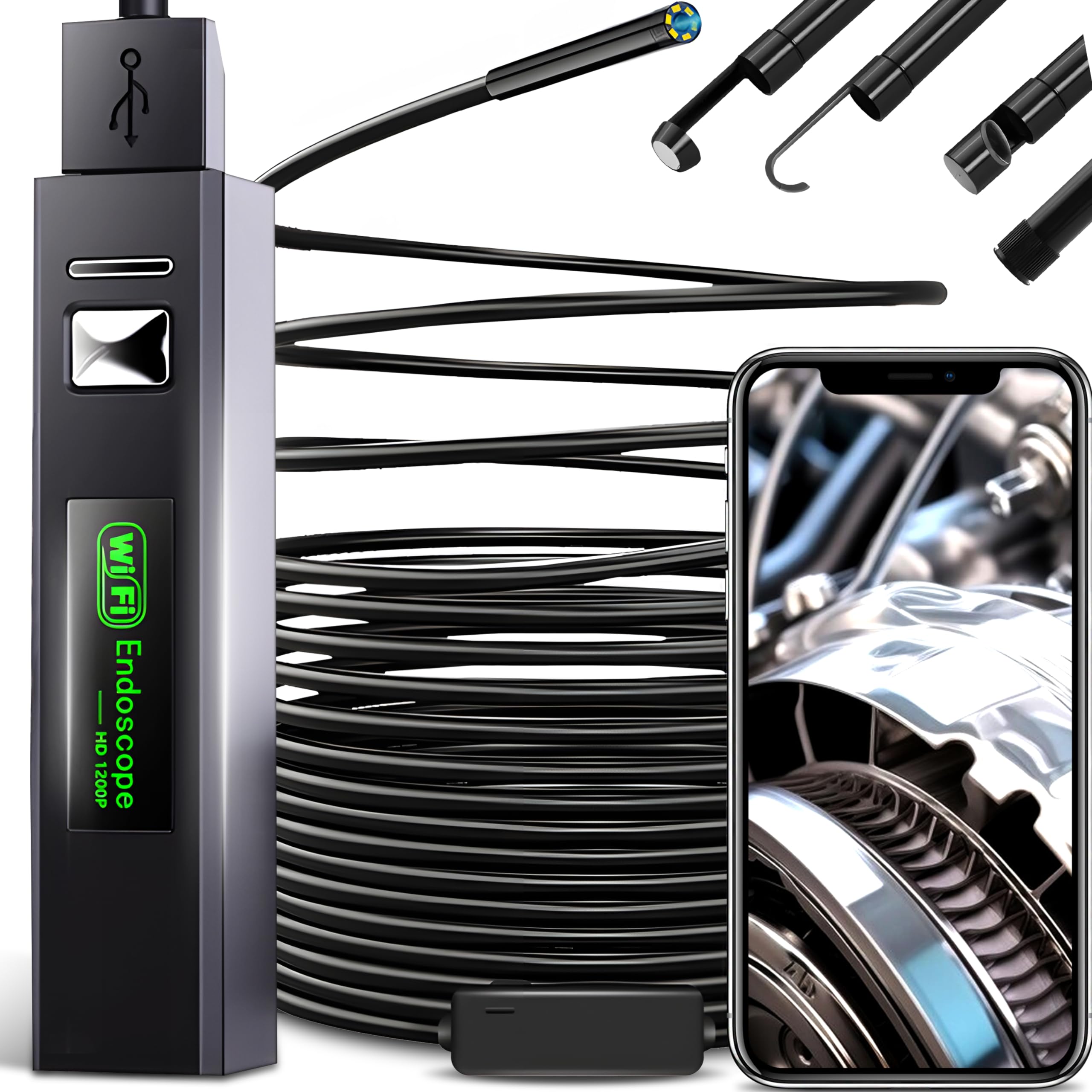 Retoo Kamera endoskopowa z magnesem 5m, 720p HD, 1600x1200px WiFi, akumulator 600mAh, IP68, haczyk, do telefonu komórkowego kamera inspekcyjna z oświetleniem LED do systemu Android OS PC, Tablet