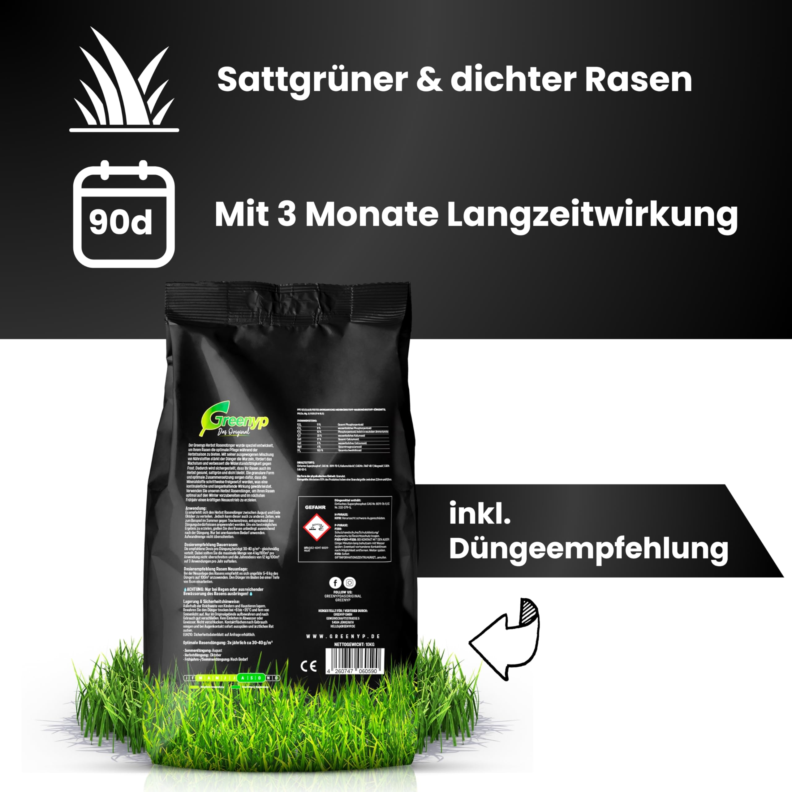 Greenyp Kompakt Langzeit Rasendünger Frühjahr I 30kg für 1000m² I mit Langzeitwirkung & Depotwirkung für Frühjahr bis Spätsommer I verhindert Moosbildung I NPK Dünger Rasen Dünger