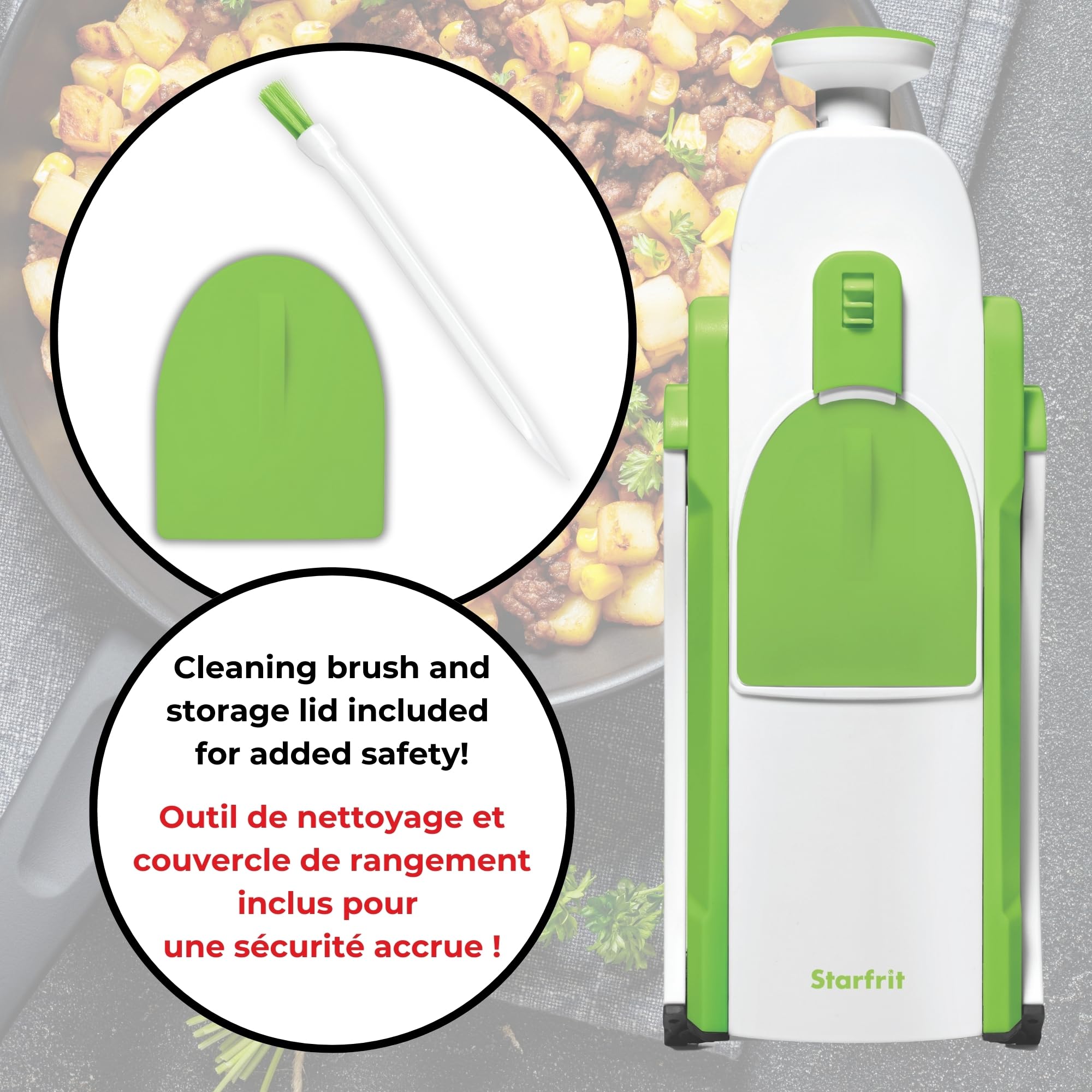 Starfrit Pump'n'Slice - Mandolina vertical, cortador y picador de alimentos, seguro | Cuchillas cerradas seguras. Corte ajustable. Juliana y dados. Ideal para frutas y verduras. Se pliega para almacenamiento.