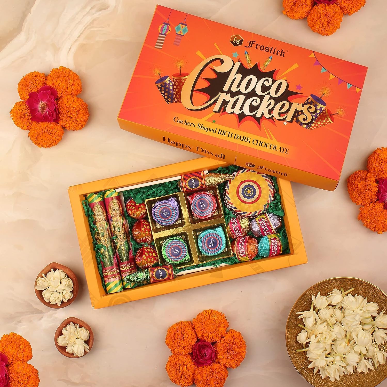 Frostick Gift Hamper Box Cracker Chocolate Diwali Gift Combo Firework Assorted Handmade Chocolate Box Corporate Diwali Gifts Options Diwali Special - 500gm
