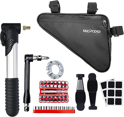 Kit de herramientas para bicicleta, kit de reparación de bicicleta con multiherramienta 44 en 1, bolsa de marco de bicicleta, mini bomba, llave de