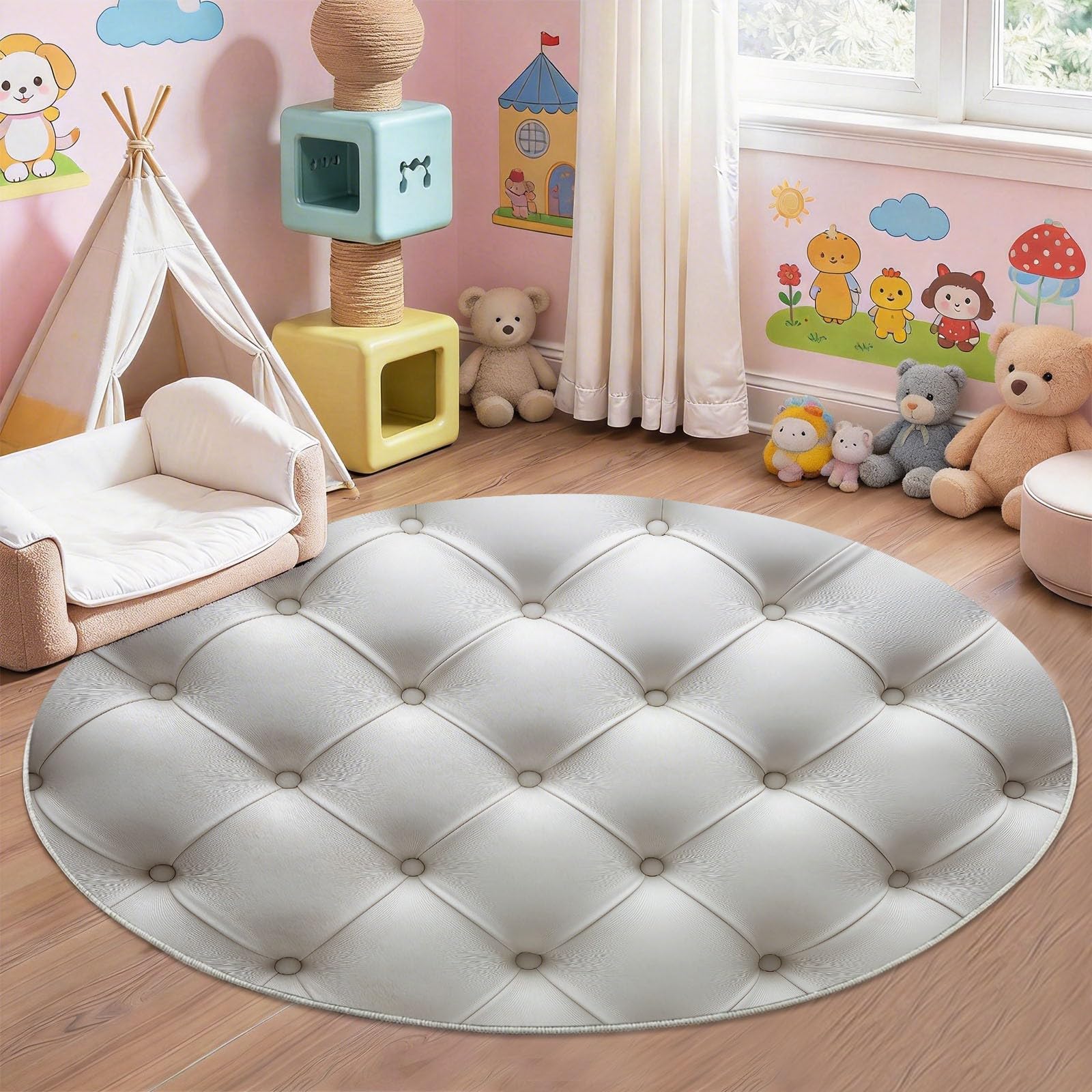 Tapis Rond 150 cm Moquette Luxe Texture Cuir Géométrique - Tapis Circulaire Simple pour Salon et Chambre, Antidérapant Lavable et Doux Poils Courts, Blanc