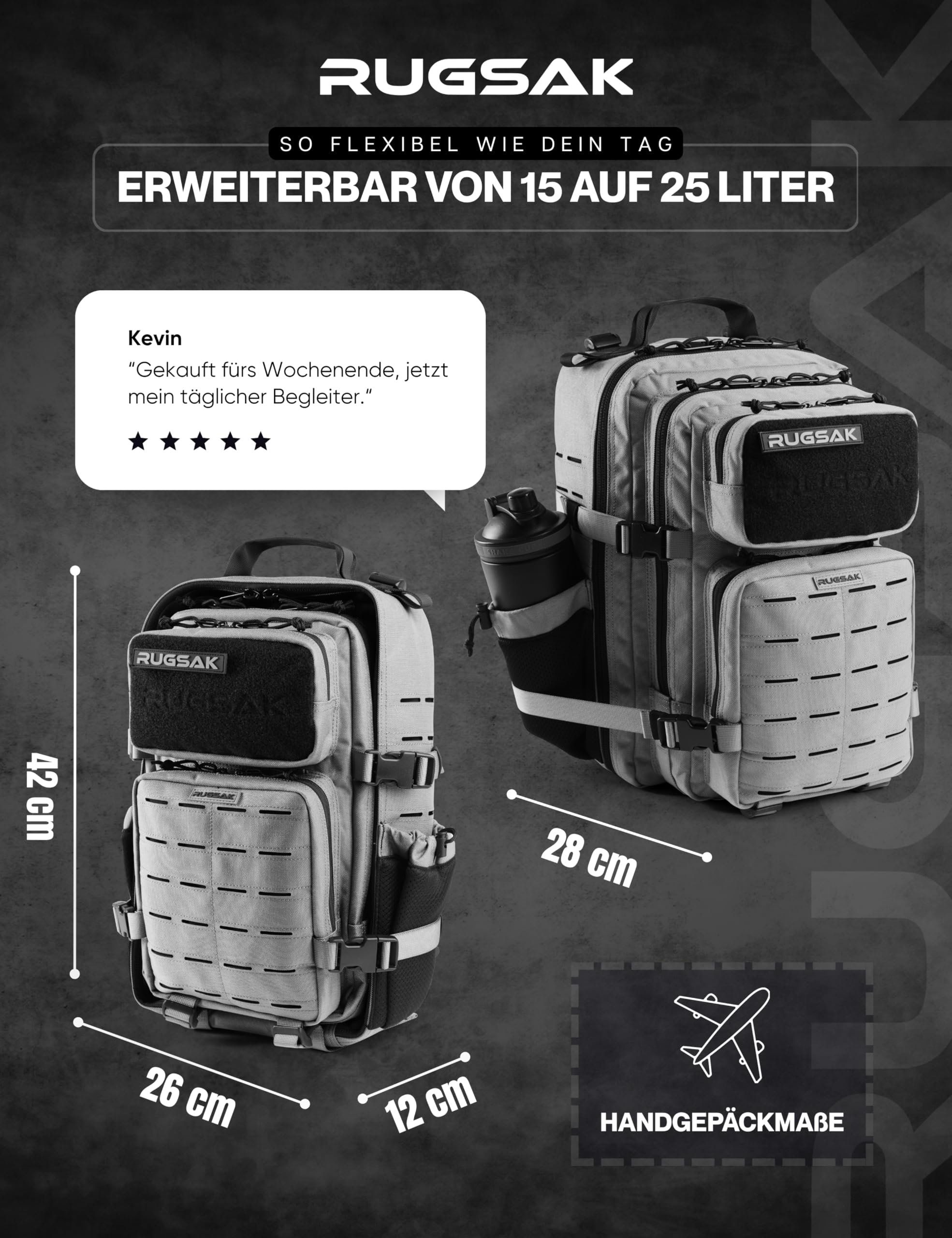 RUGSAK ALPHA Go | Taktischer Rucksack [15-25L] Wasserdicht & EXTREM Robust | Militär Survival Backpack | für Outdoor Arbeit Wandern Camping und Gym | Molle Reiserucksack Herren & Damen