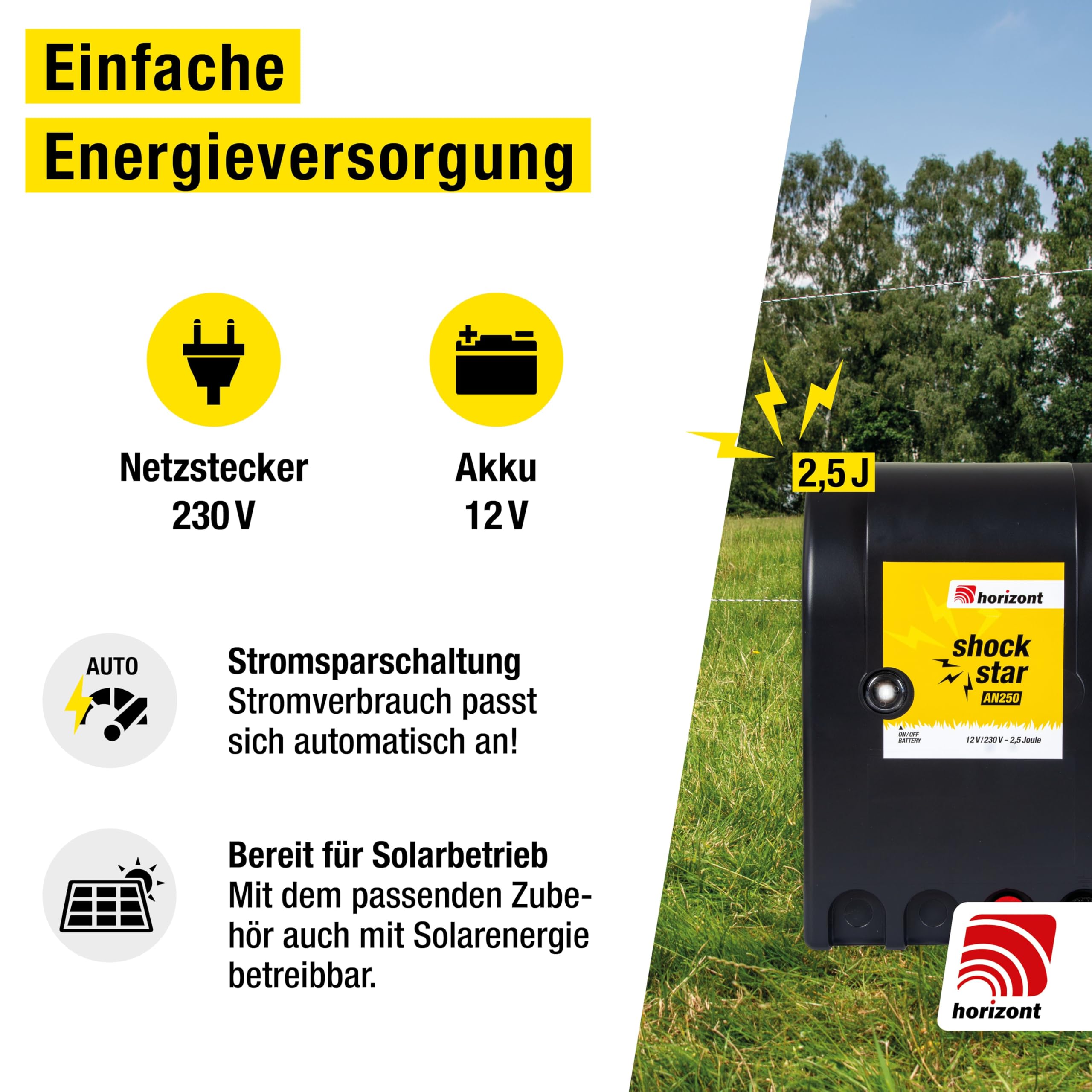 horizont Weidezaungerät AN250 12/230V, 2,5J, 11000V für Zäune bis 18km | für 10x 50m Netze, mit Stromsparschaltung, ideal für Pferd, Rind, Schwein, Schaf