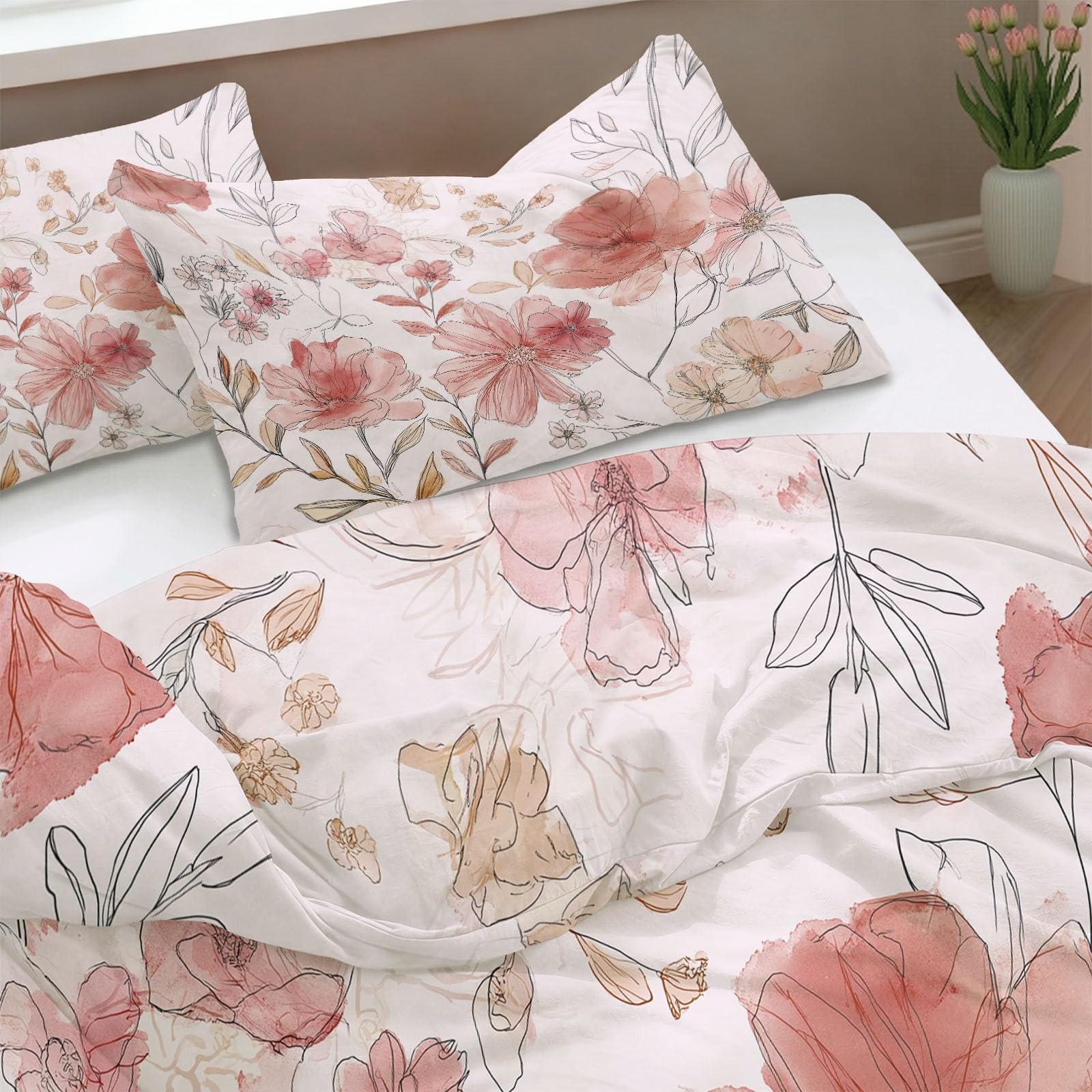 Ultrasoft hipoalergiczny zestaw pościeli z mikrofibry, podwójny, akwarelowy kwiatowy wzór, dwustronny pokrowiec z 2 poszewkami na poduszki 50 x 75 cm, czerwono-różowy