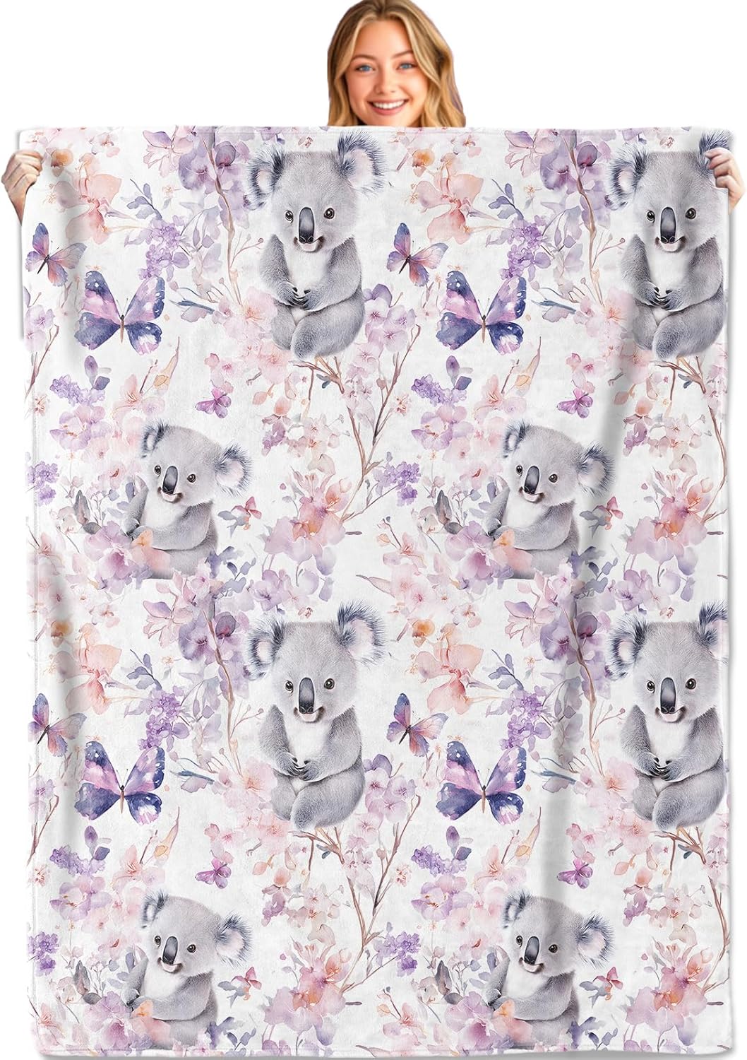 Cute Koala Throw Blanket,60x80in,Soft,Lightweight Flannel,Butterfly Floral Blankets - Gifts for Kids Women,Animal Lovers,for Couch Office Travel,Home Living Room Whimsical Decor