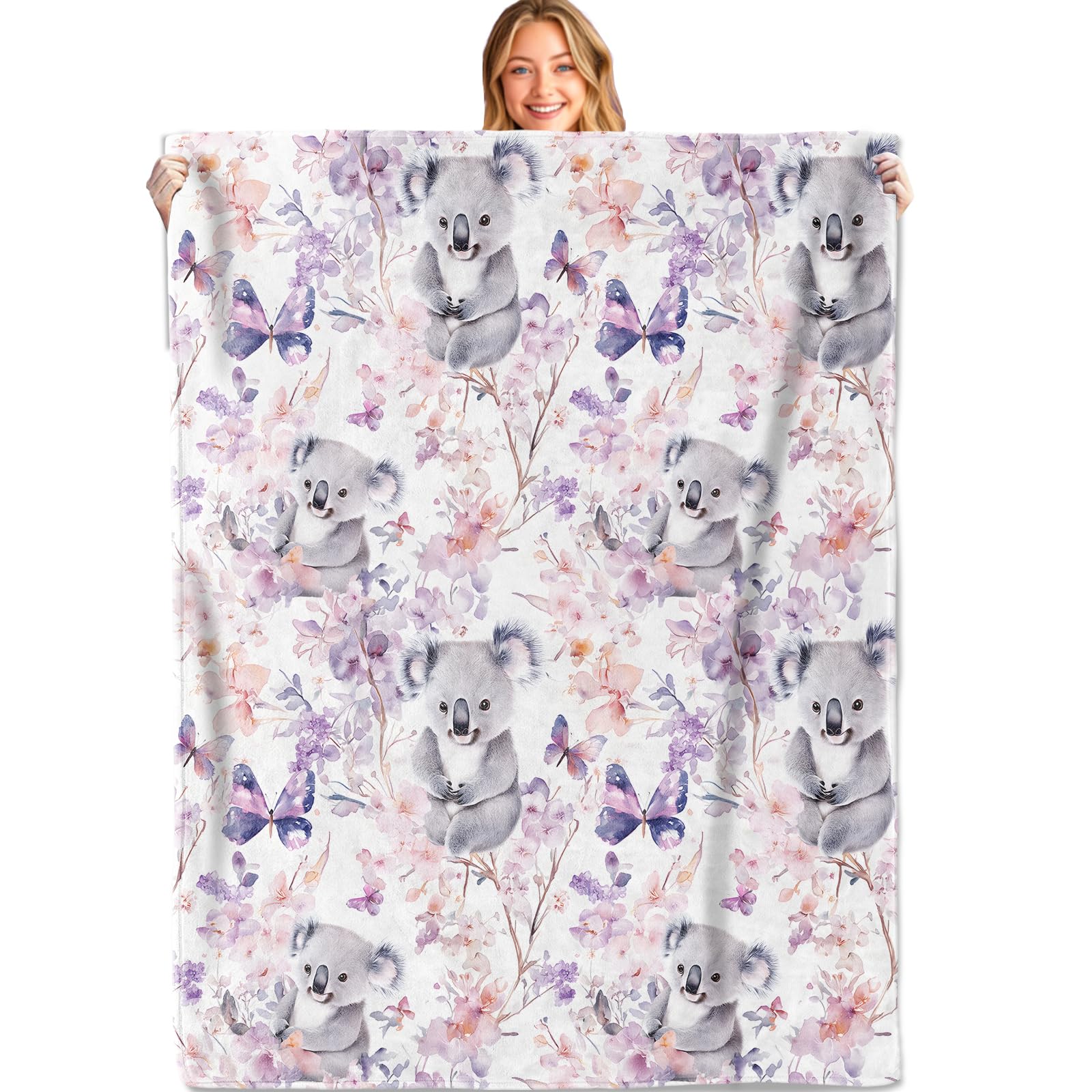 MIEPOS Cute Koala Throw Blanket,50x60in,Soft,Lightweight Flannel,Butterfly Floral Blankets - Gifts for Kids Women,Animal Lovers,for Couch Office