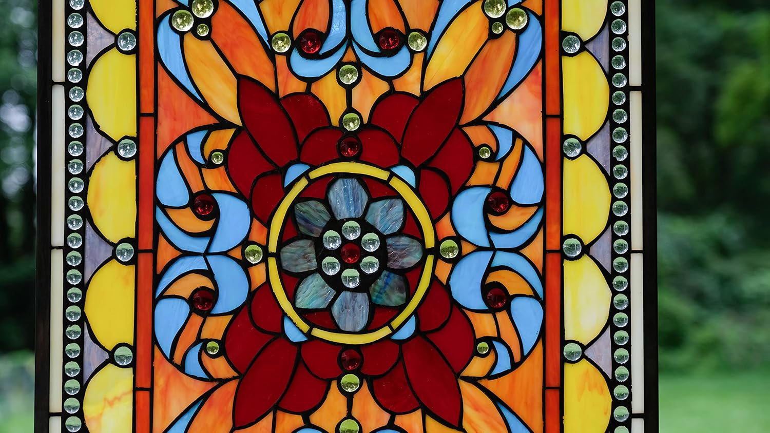 20" W x 34" H Handcrafted Hanging Jeweled Stained Glass Window Panel.