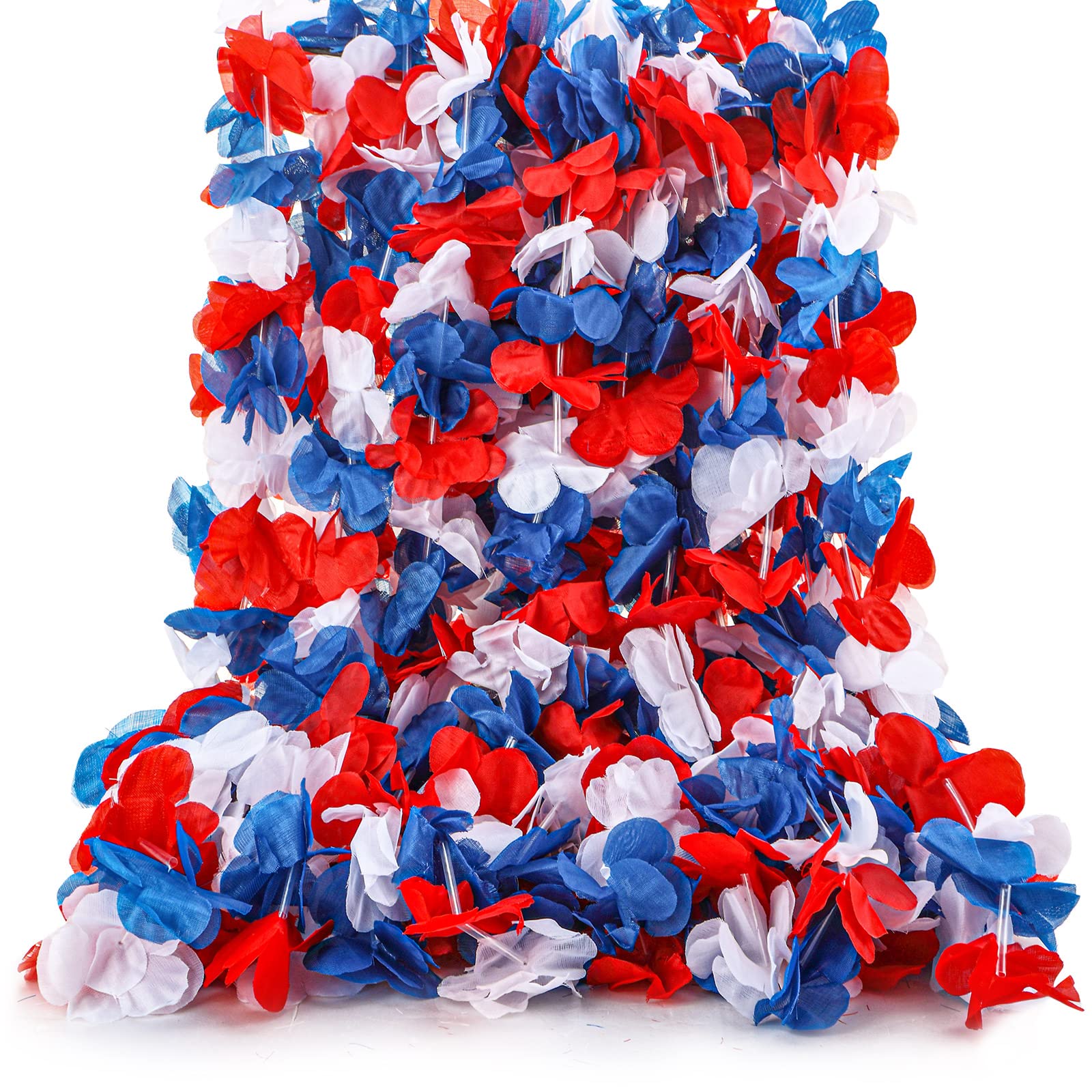 Cindeer 48 Pcs Red White and Blue Patriotic Flower Leis 3.2 Feet Memorial Day Patriotic Decorations 4th of July Flower Leis Hawaiian Plastic Necklace