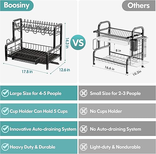 Miniatura 4 de Boosiny - Juego de escurridor de platos y escurridor para encimera de cocina organizador grande de fregadero de acero inoxidable de 2 niveles con