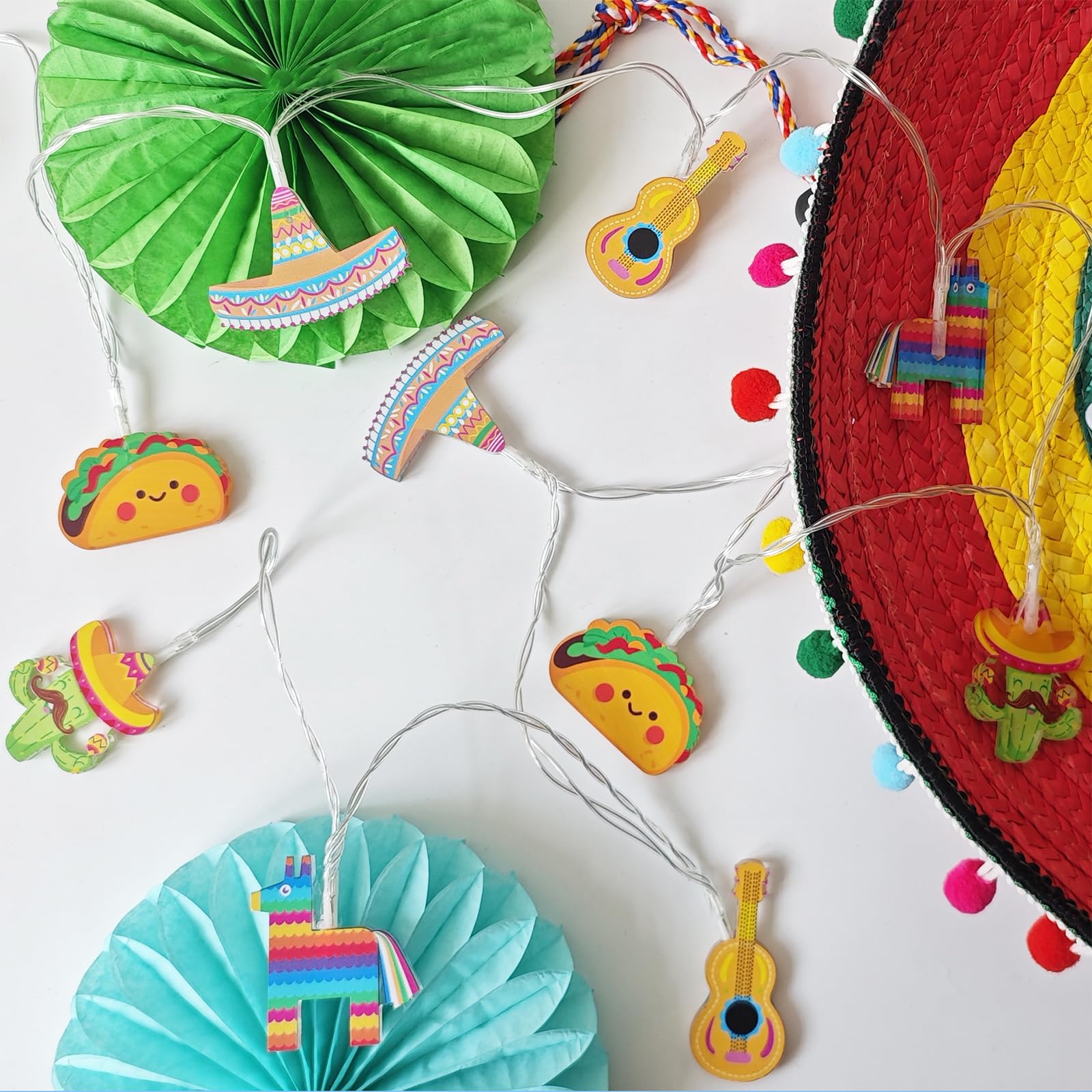 Cinco De Mayo Mexican Fiesta Theme Party Decorations String Lights, Fairy 10Led Battery Operated with Timer, Piñata Guitar Taco Sombrero Hat Cactus with Maracas Shaped Birthday Decor Tree Ornaments