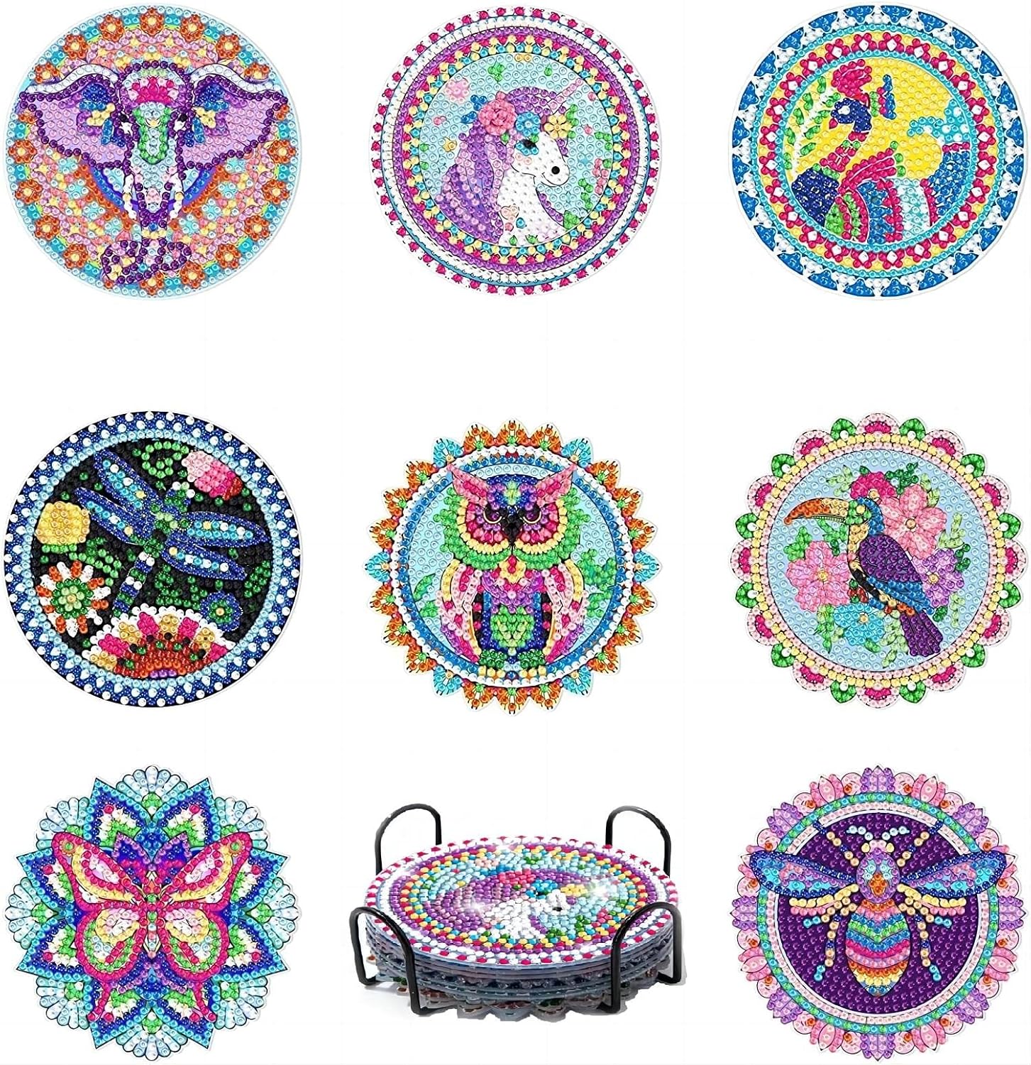8 Pcs Diamond Painting Coasters with Holder,Animal Insects Coasters DIY