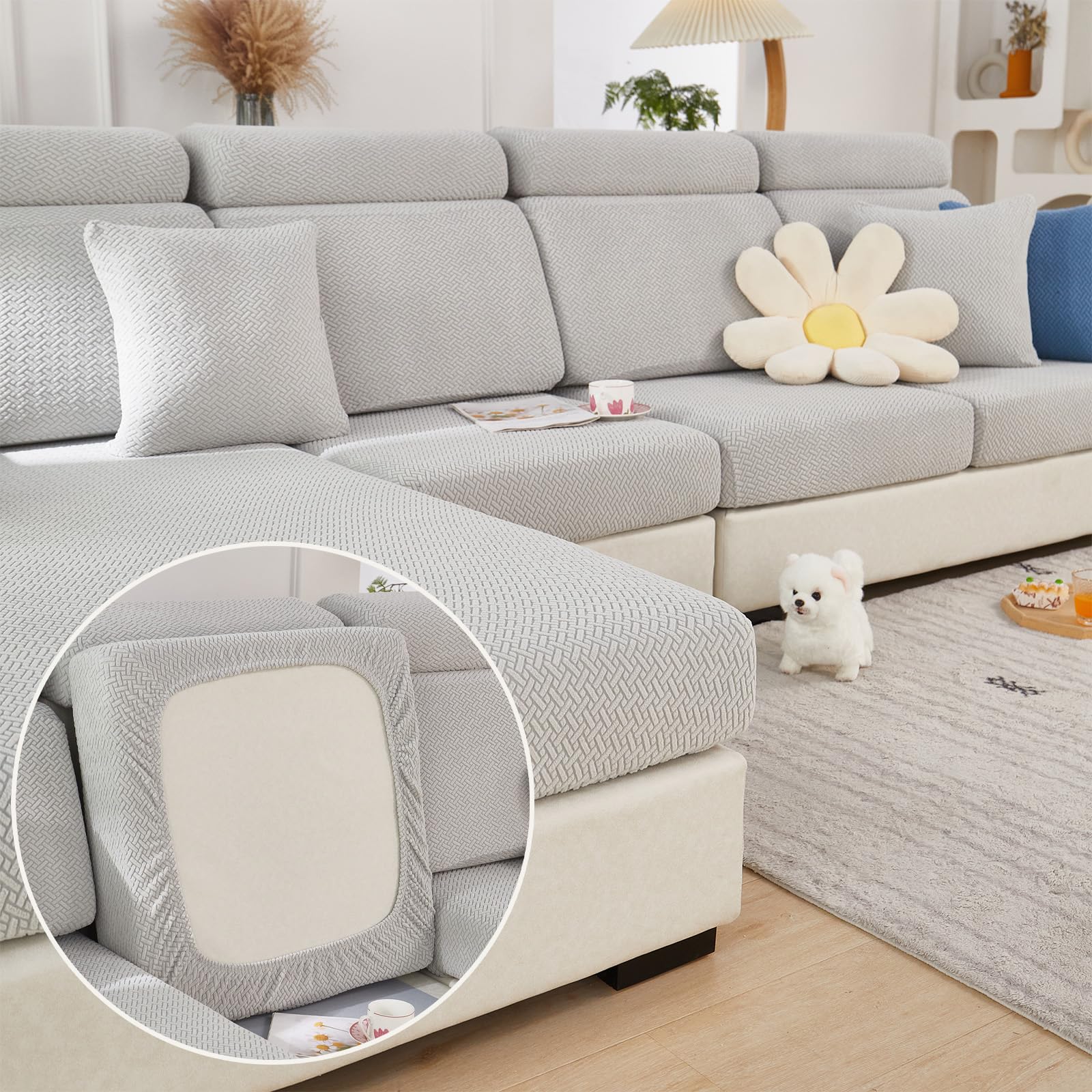 GueYi Couch Cushion Covers, Sectional Couch Covers, Wear Resistant Stretch Sofa Covers Washable,L Shaped Seats Furniture Protectors for Pets (Light
