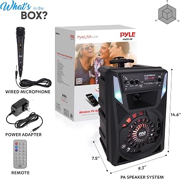 Pyle Portable Bluetooth PA Speaker - 300 W 8 Rechargeable Outdoor BT Karaoke Audio System - Multi-Color Party Lights, LED Display, FM/AUX/MP3/USB/SD, 6.5mm in - Wired Microphone, Remote Control