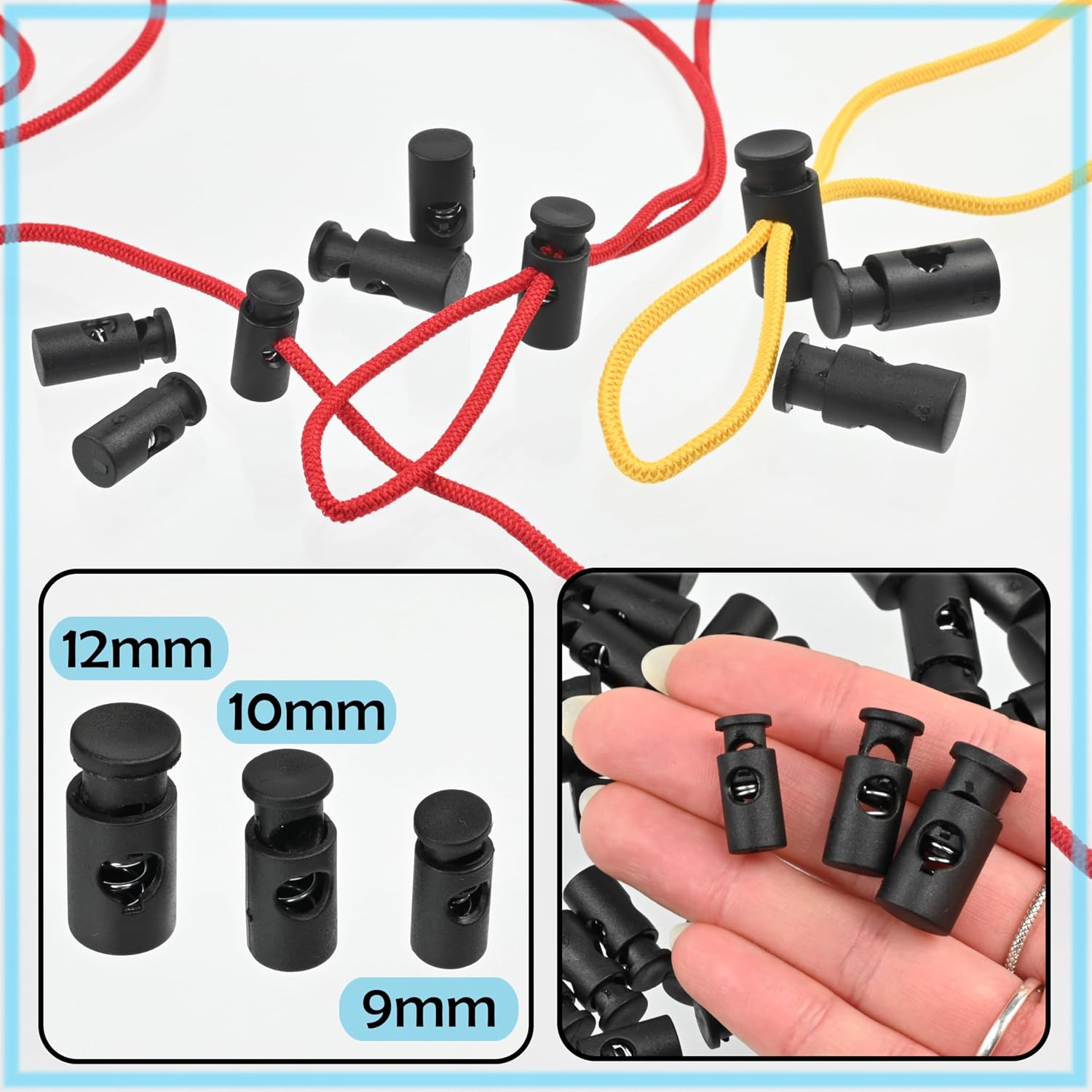 AERZETIX - Pack of 12 cylindrical spring cord locks 10x23mm with 1 holes - opening 5.5mm - plastic - color black - adjustment laces clothing accessories