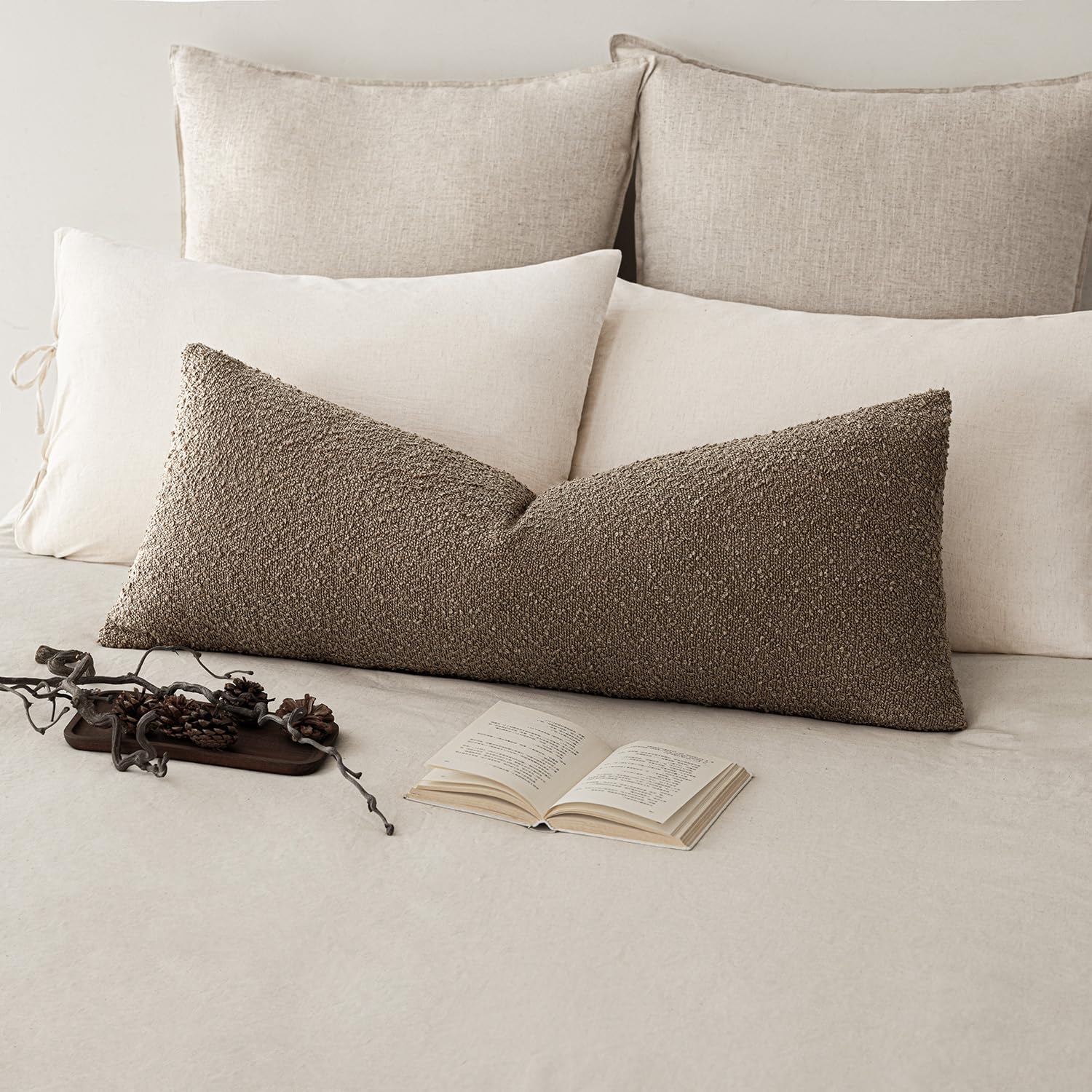 foindtower decorative textured boucle throw pillow covers accent solid pillow cases neutral long body lumbar couch cushion case for chair sofa bedroom living room home decor 14x36 inch,1pc,light brown