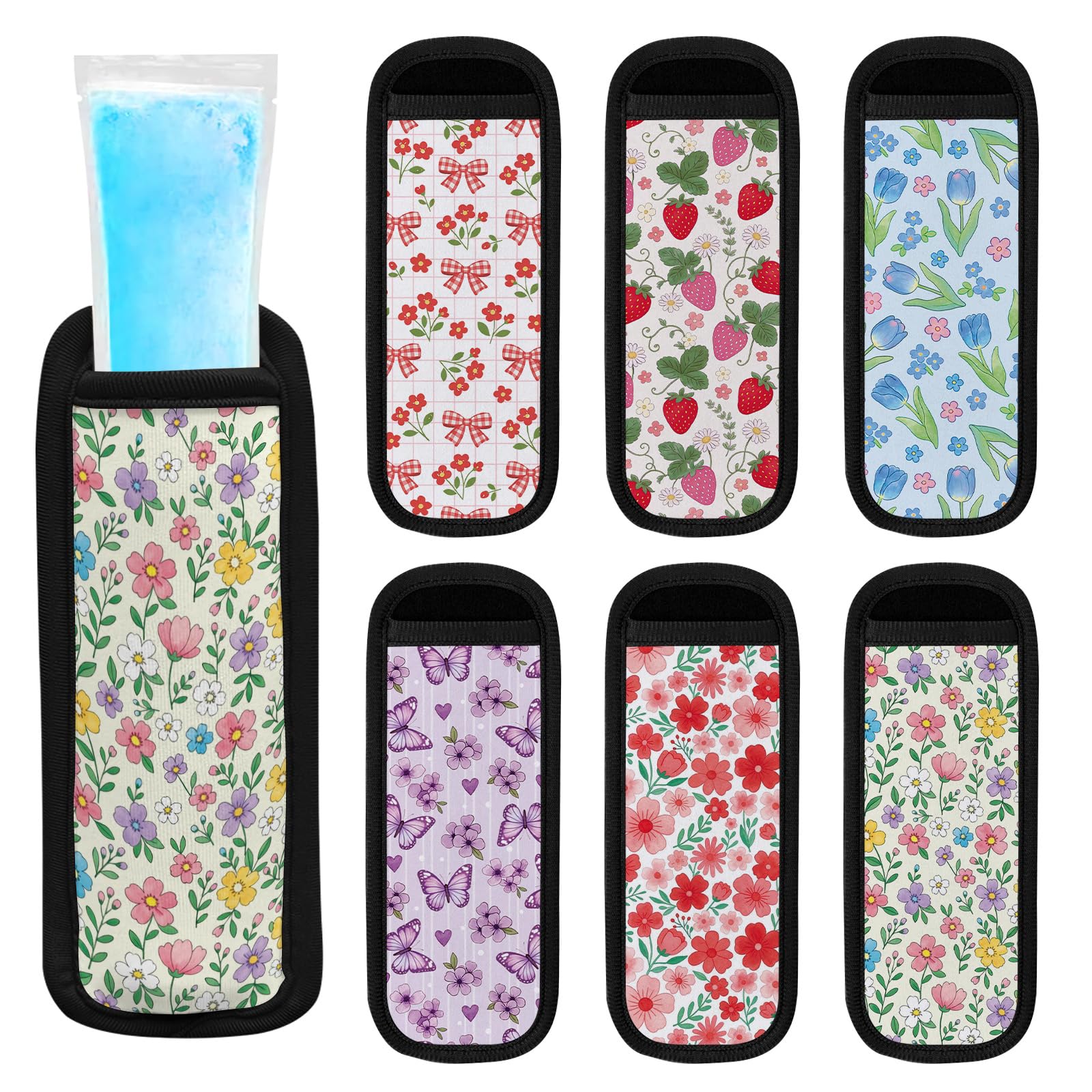 Floral Strawberry Butterfly Ice Pop Sleeves, 6 PCS Reusable Neoprene Popsicle Holders, No Drip Anti-Freezing Washable Popsicle Durable for Frozen Yogurt Tubes, Kids Birthday & Summer Party Supplies