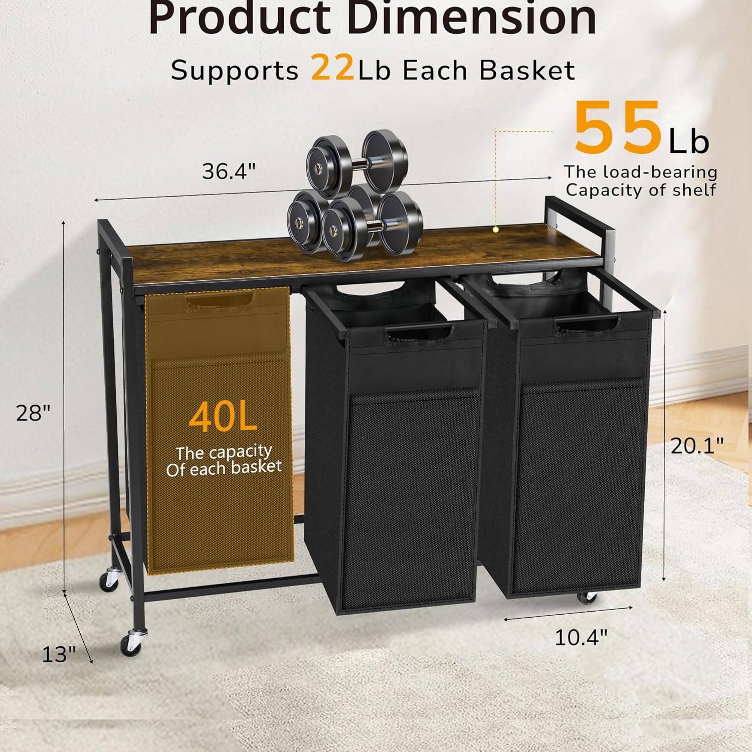 Laundry Hamper, Laundry Basket with 3 Pull-Out Removable Oxford Fabric Bags, 3 x 10.6 Gallons, Total 120L, Cloth Laundry Sorter with a Top Shelf 36.4"x13" (Black and Rust)