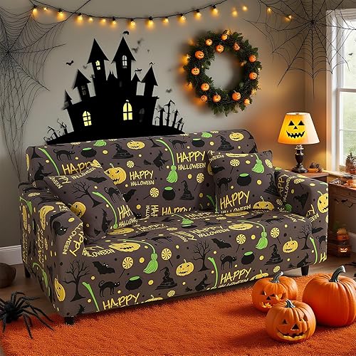 Miniatura 8 de Mybedsoul Funda de sofá con estampado de Halloween, funda elástica de fantasma, lavable a máquina, temática de Halloween, funda negra para sofá para