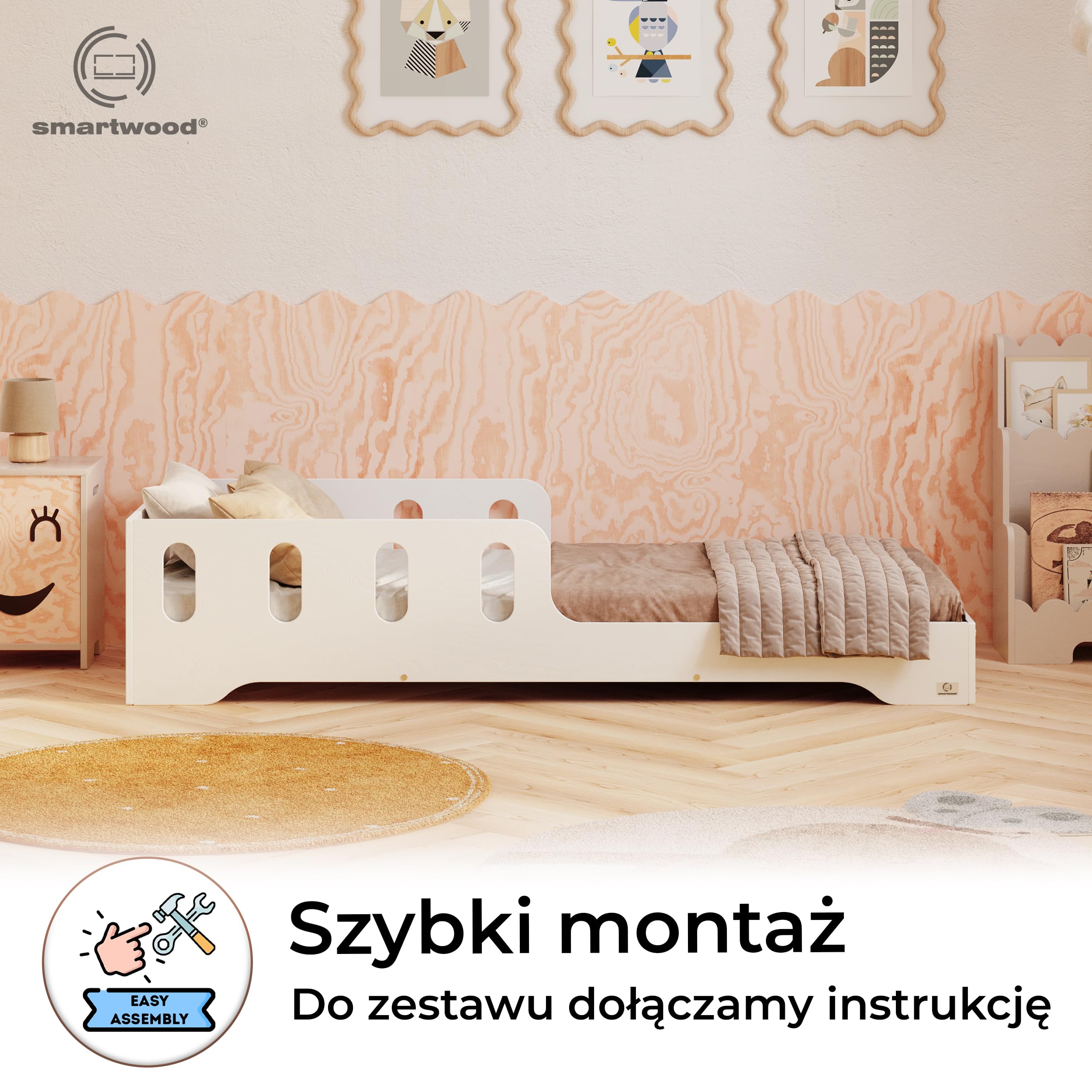 smartwood Łóżko dziecięce 90x200 z barierką, Drewno, Biały, TILA 6 | Łóżko dziecięce Montessori, stelaż do 230 kg, certyfikat FSC, zaokrąglone krawędzie, łatwy montaż, od 3 lat, 93x203x40 cm