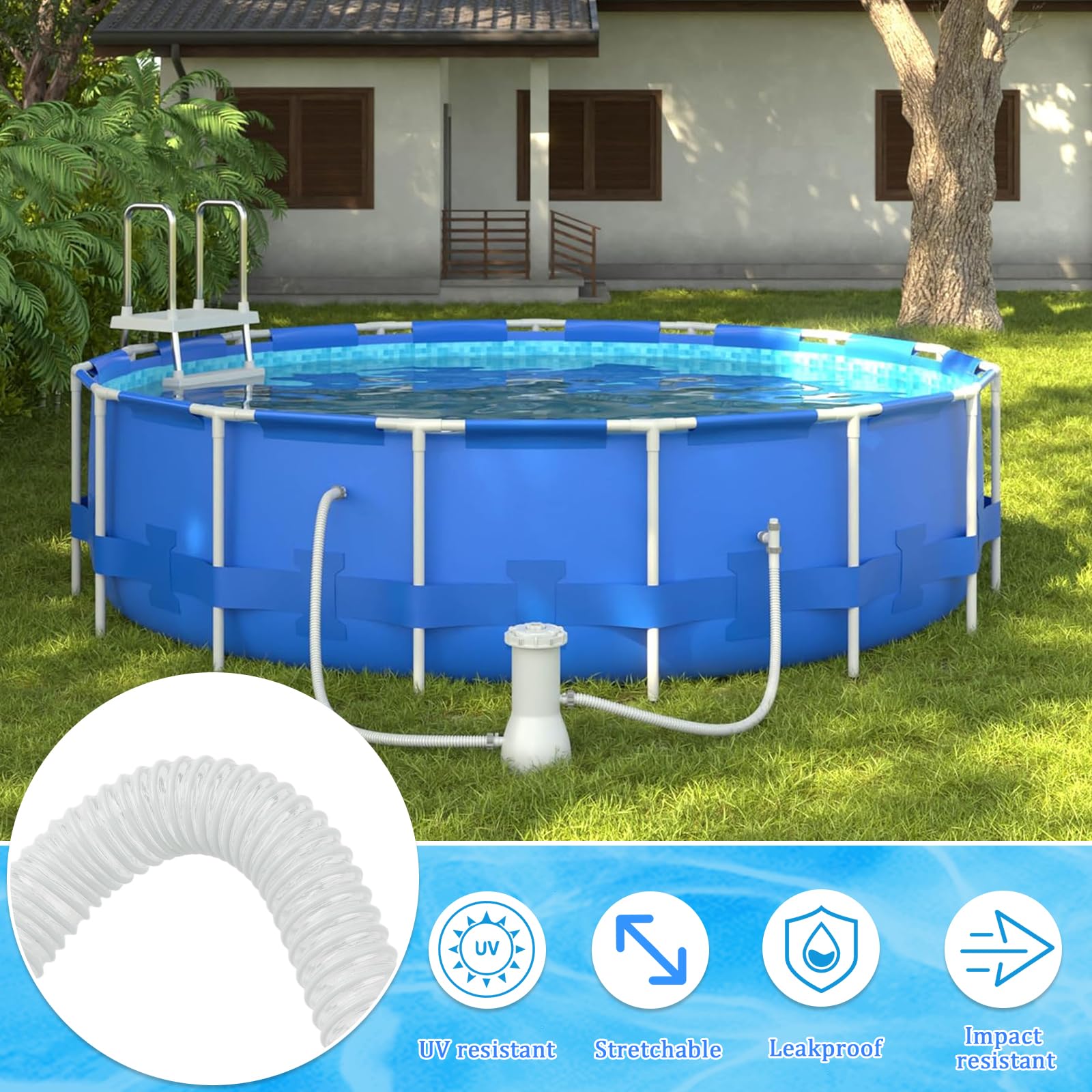 Manguera Piscina 32mm, Tubo Piscina 32mm, 2 PCS Manguera Limpiafondos Piscinas 150 CM, Tubos Depuradora Piscinaes, Espesamiento A Prueba de Fugas, para Bomba de Filtro y Piscinas