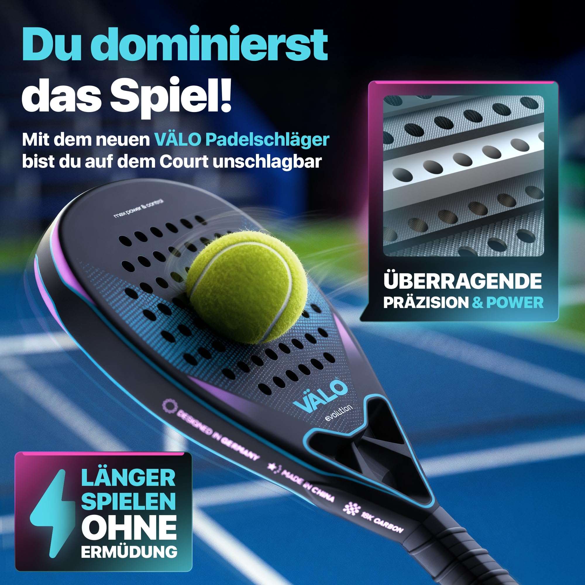 Racchetta da padel [costruzione leggera 18 k carbonio] Padel Racket per avanzati e principianti, grazie al manico confortevole e alla forma a goccia per controllo e dinamismo, racchetta da padel