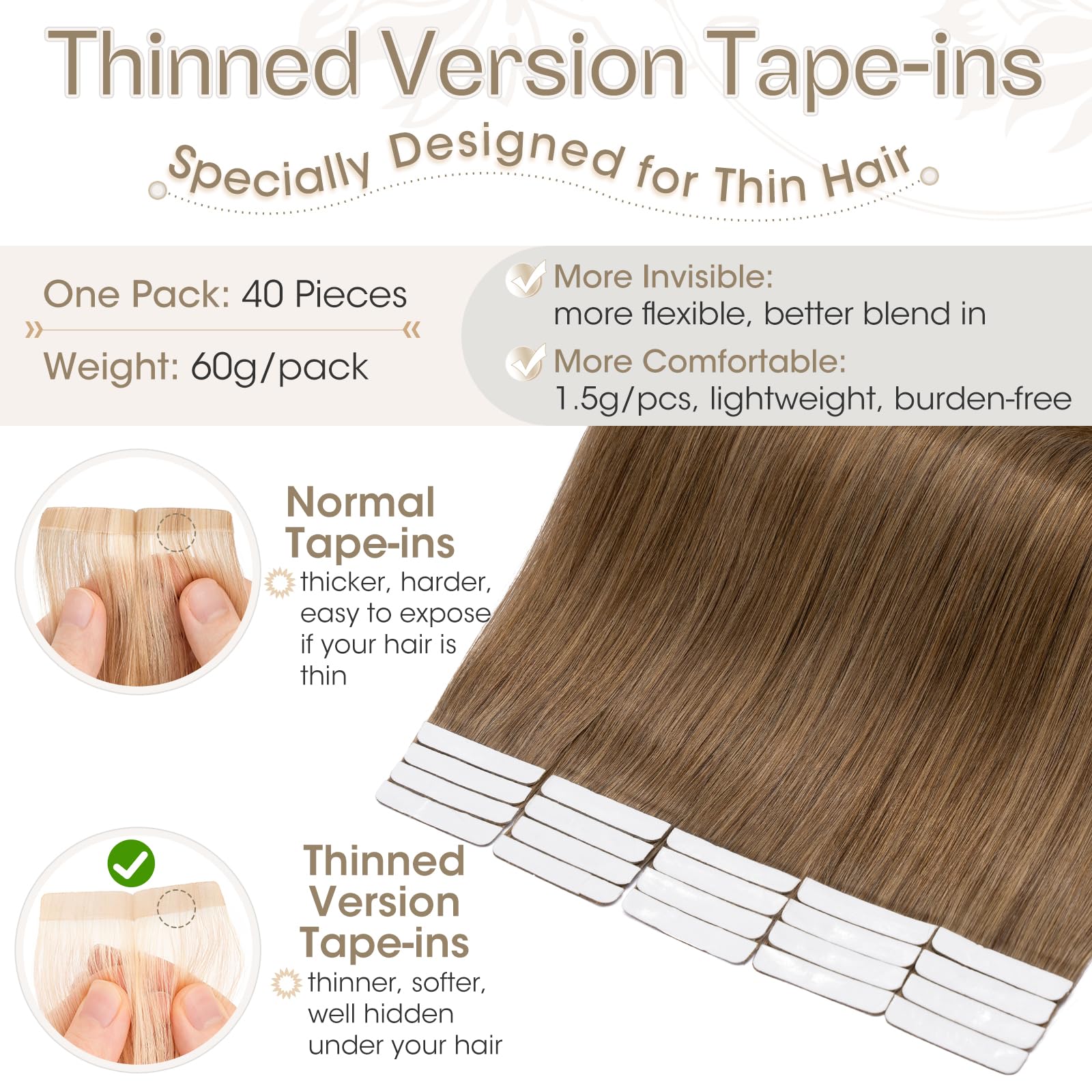 Elailite Tape in Extensions Human Hair 40 Pcs Invisible Thin Type (1.5g/pcs) - Image 2