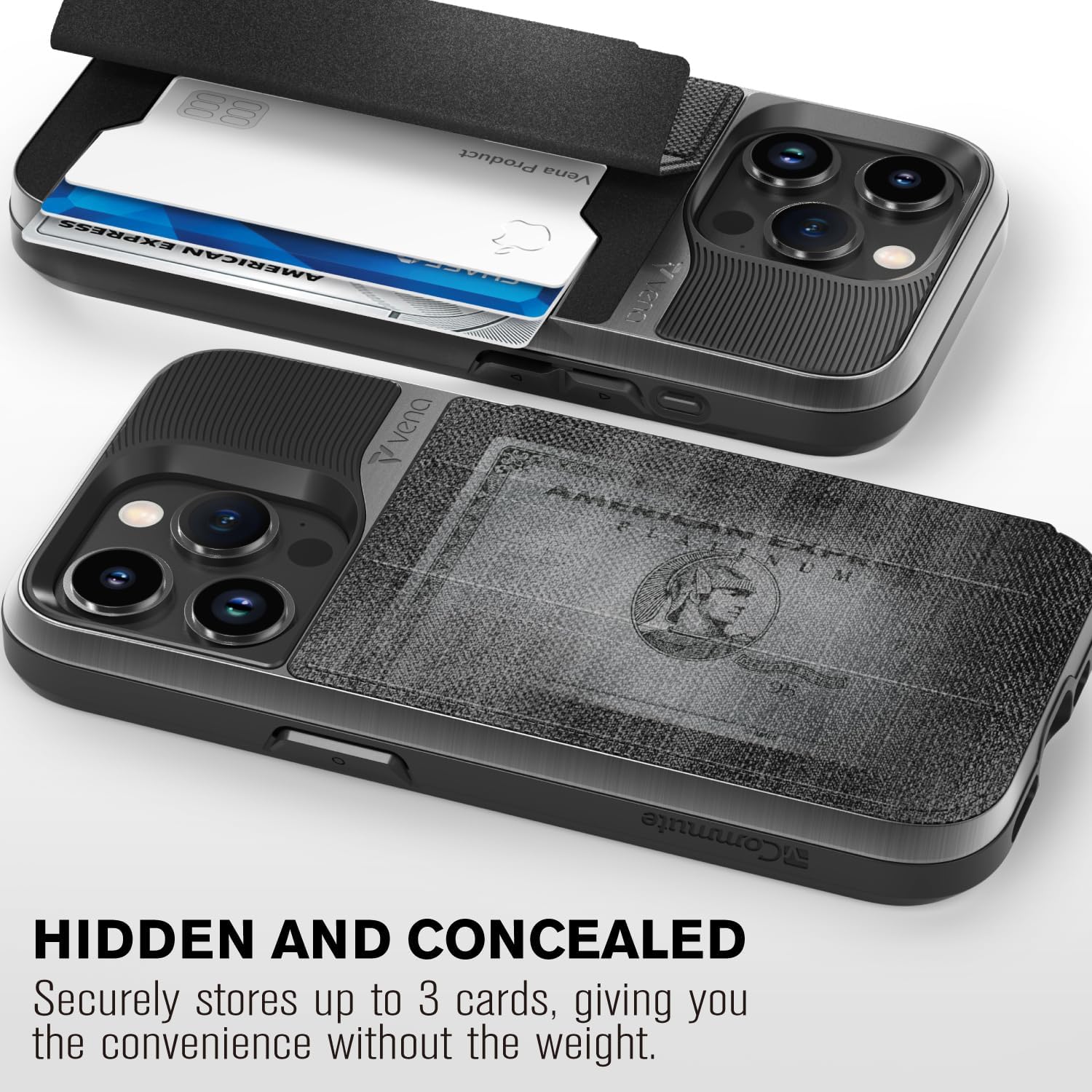 VENA vCommute for iPhone 15 Pro Wallet Case, [Military Grade Drop Protection] Flip Leather Cover Slot Card Holder with Kickstand - Black Slate - Image 3