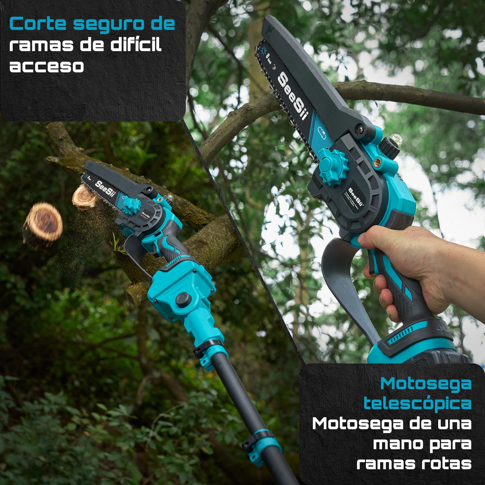 SEESII PS810 Mini Motosierra & Podadora Electrica Bateria, 2 en 1 Sierra de Podar Telescópica con 2 x 4000 mAh Baterías, Hasta 4,87 m de Altura, Podar Arboles para Árboles y Jardin