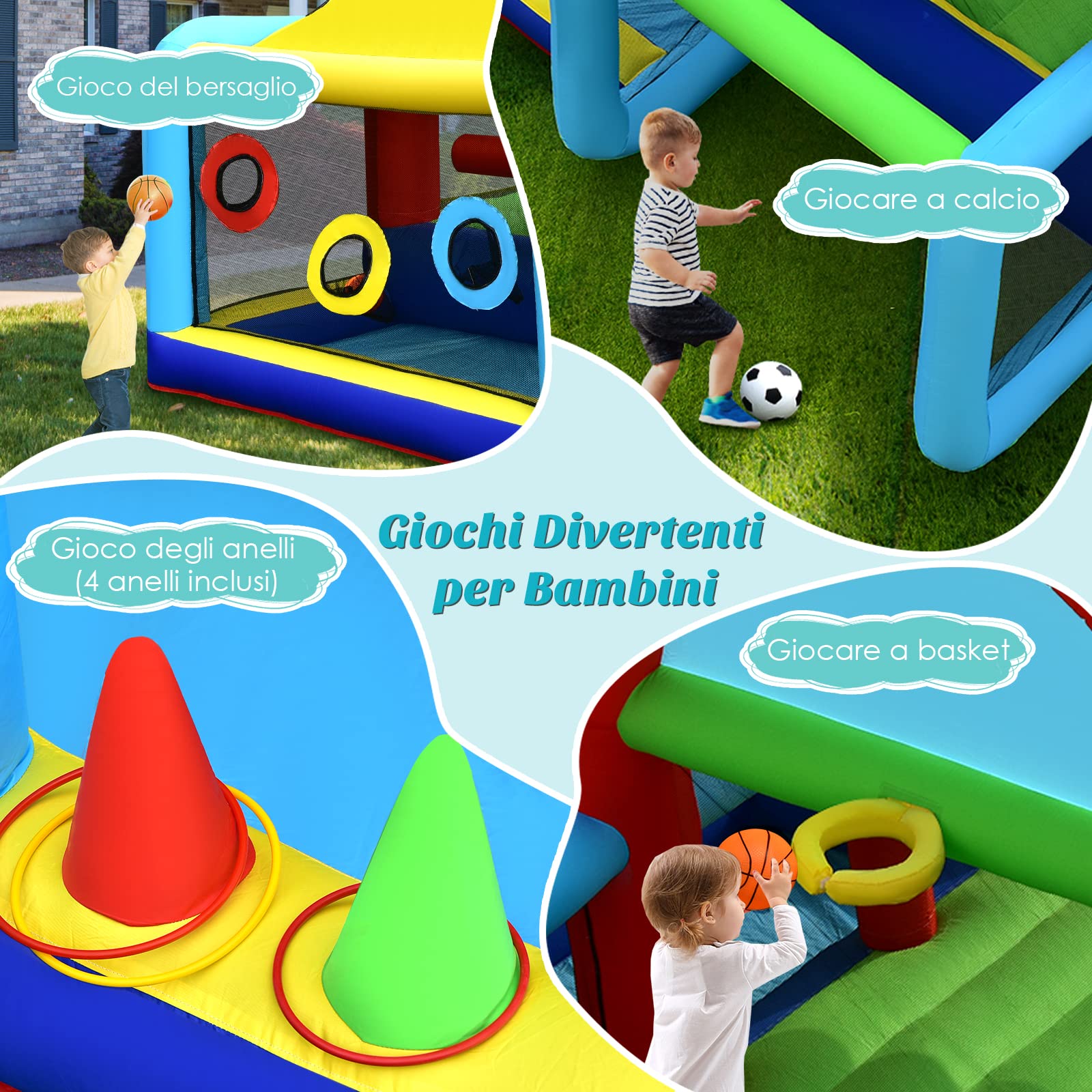 COSTWAY Castello Gonfiabile per bambini, Casa Gonfiabile con Doppio Scivolo, Area per Saltare, Piscina, con Borsa di Trasporto e Kit di Riparazione, per 4 Bambini di 3-10 Anni (Con soffiatore)