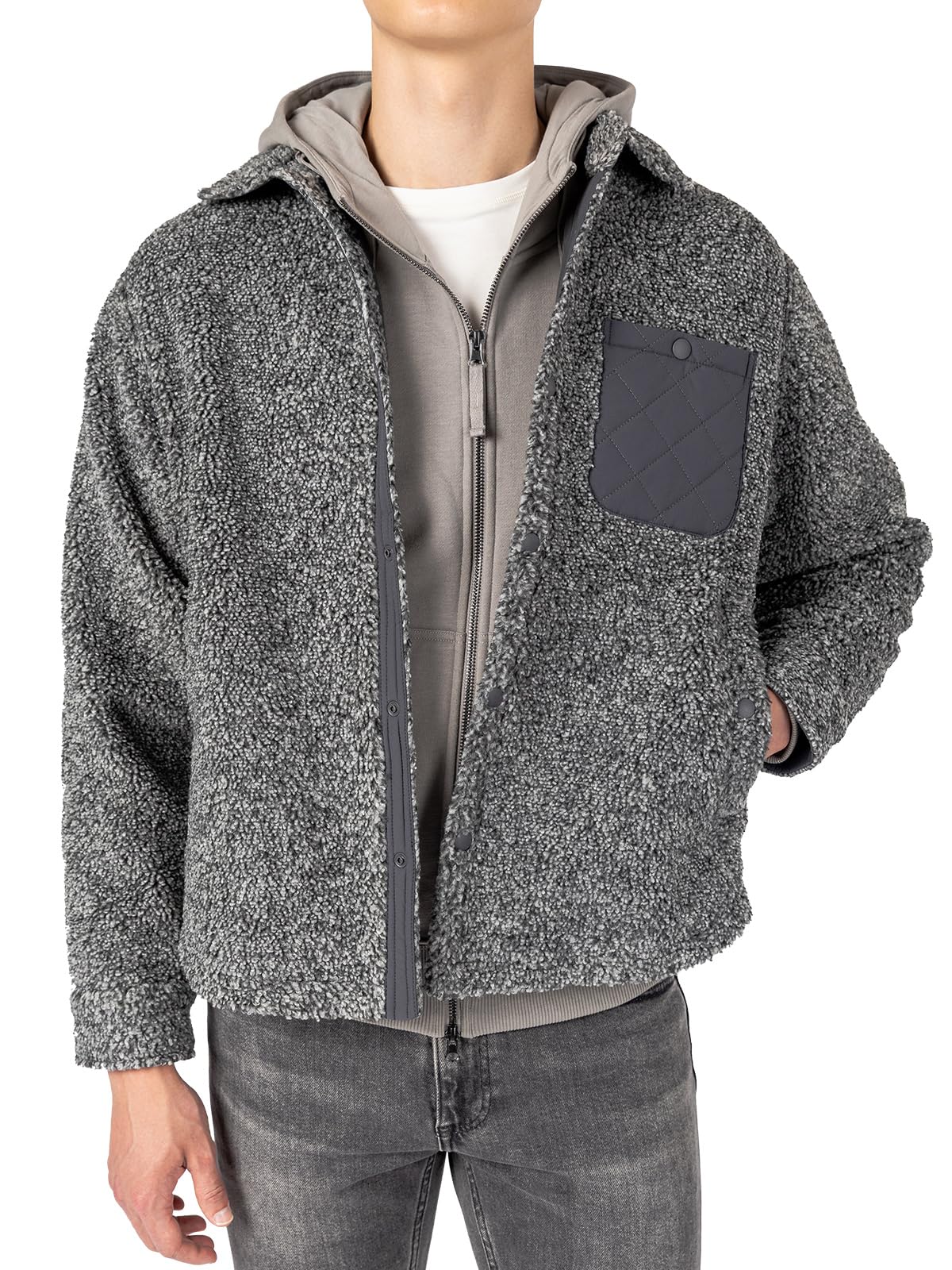 Mega Tshop Men's Two-Tone Sherpa Fleece Jacket with Pockets | 380gsm Needle Punched Anti-Shedding Fabric, Quilted Woven Patchwork, Full Lining, Curved Hem, Snap Button, for Casual Outdoor