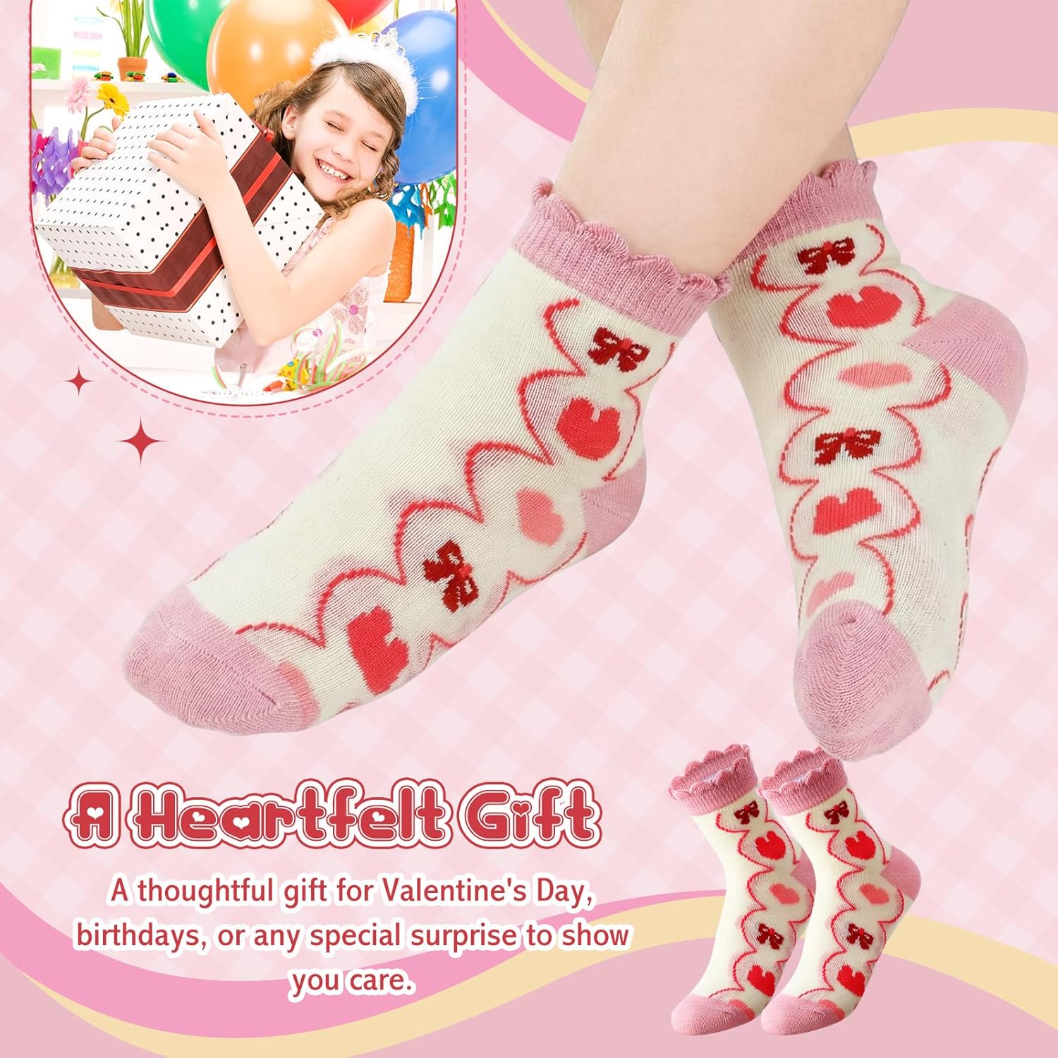 50 Pairs of Kids Girls Crew Socks Bulk, Cute Heart Pattern Ruffle Crew Socks for Kids Girls School 6-8 Years