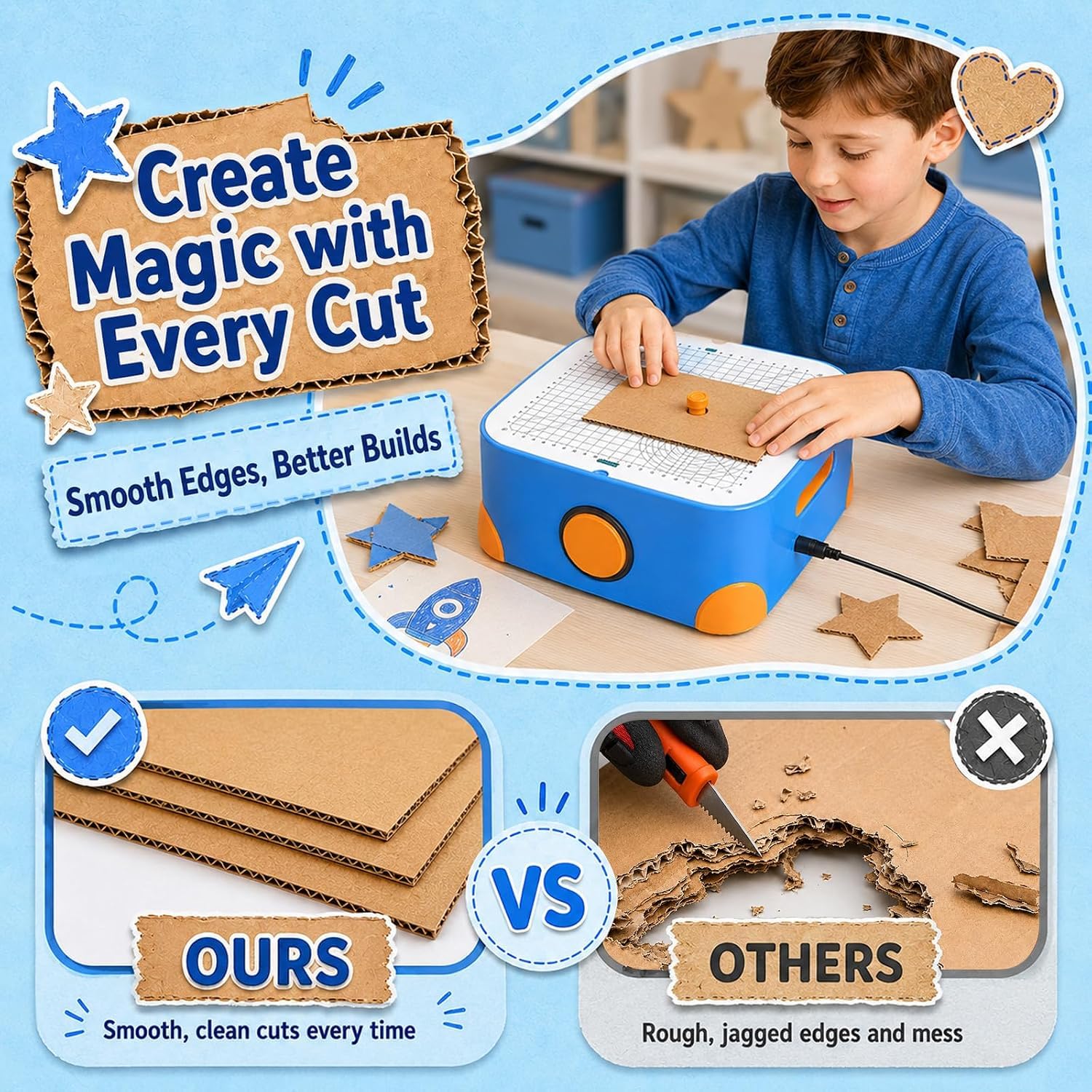 Elektrischer Kartonschneider für Kinder, Sicherer Werkzeug für DIY Technik und Kreativität | Papierschneider Werkzeug für Kinder, schneidet Karton ohne scharfe Klingen. Inkl. Falzwerkzeug, Schraubenzieher.
