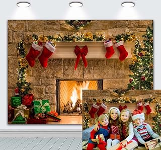 RUINI Christmas Fireplace Backdrop Xmas Tree Gift Boxes Theme Backdrop Christmas Party Decoration Children Photo Background (7x5FT)