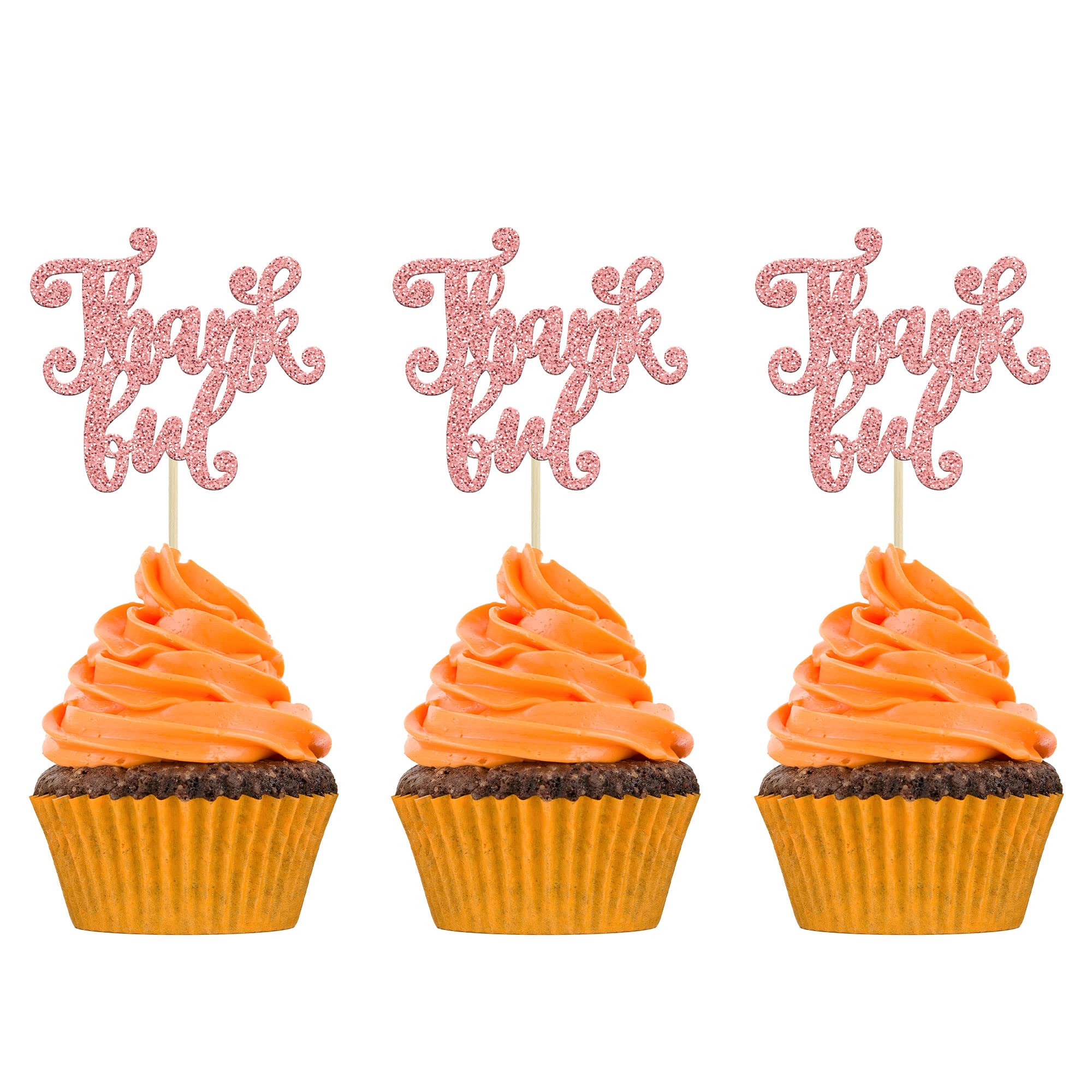 Gyufise 24Pcs Thankful Cupcake Toppers Glitter Thanksgiving Cupcake Picks Give Thanks Thank You Cake Decorations for Happy Thanksgiving Day Theme Birthday Wedding Anniversary Party Supplies Rose Gold