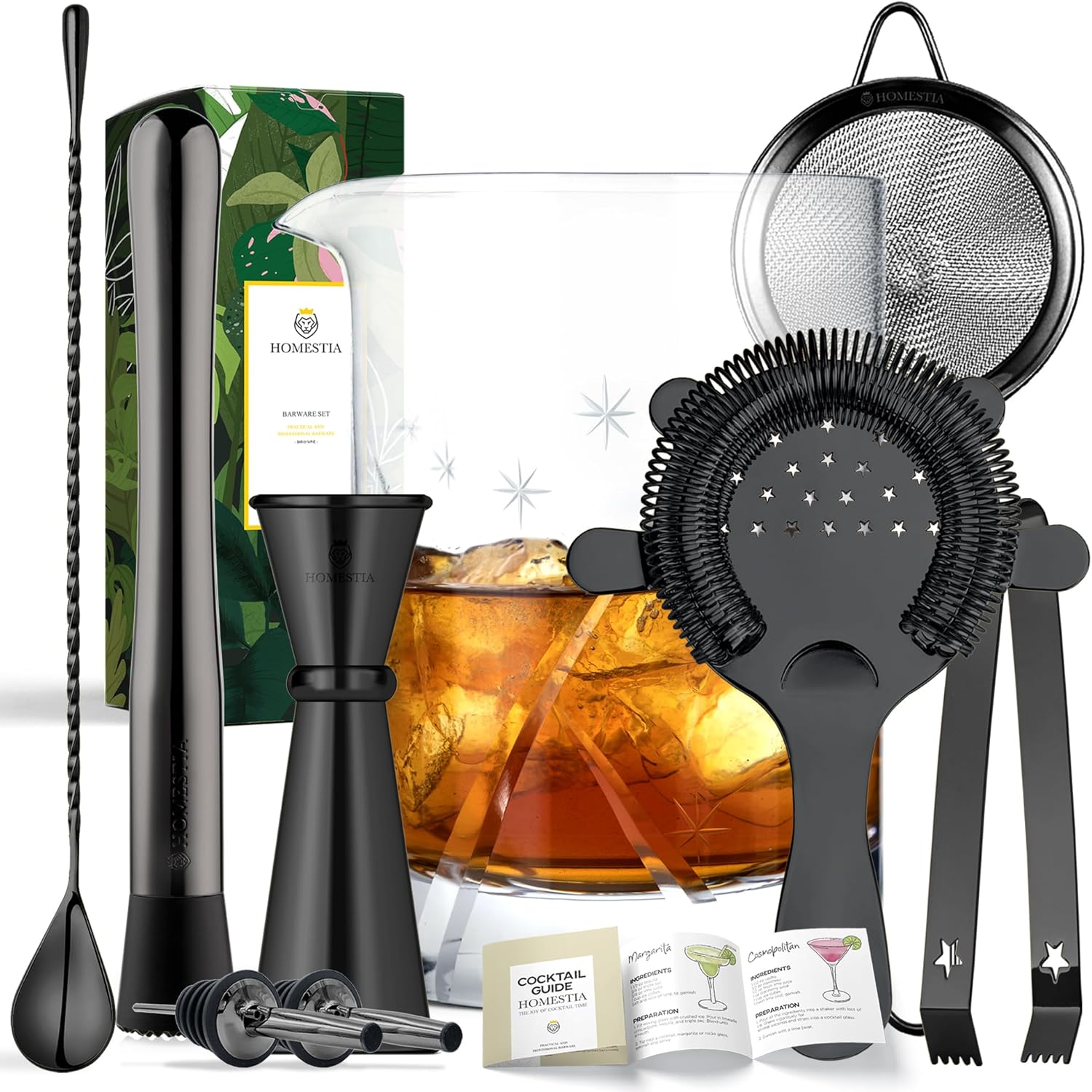 Homestia Cocktail Mixing Glass Set Crystal Barware, Black