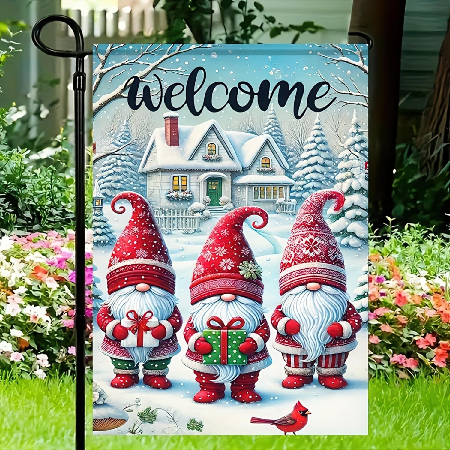 Christmas Gnomes Garden Flag 12x18 Double Sided Vertical Gnome Cardinal Outdoor Decorative Flag for Outside Xmas Farmhouse Flag Winter Christmas Holiday Yard Lawn Garden Banner - Image 7